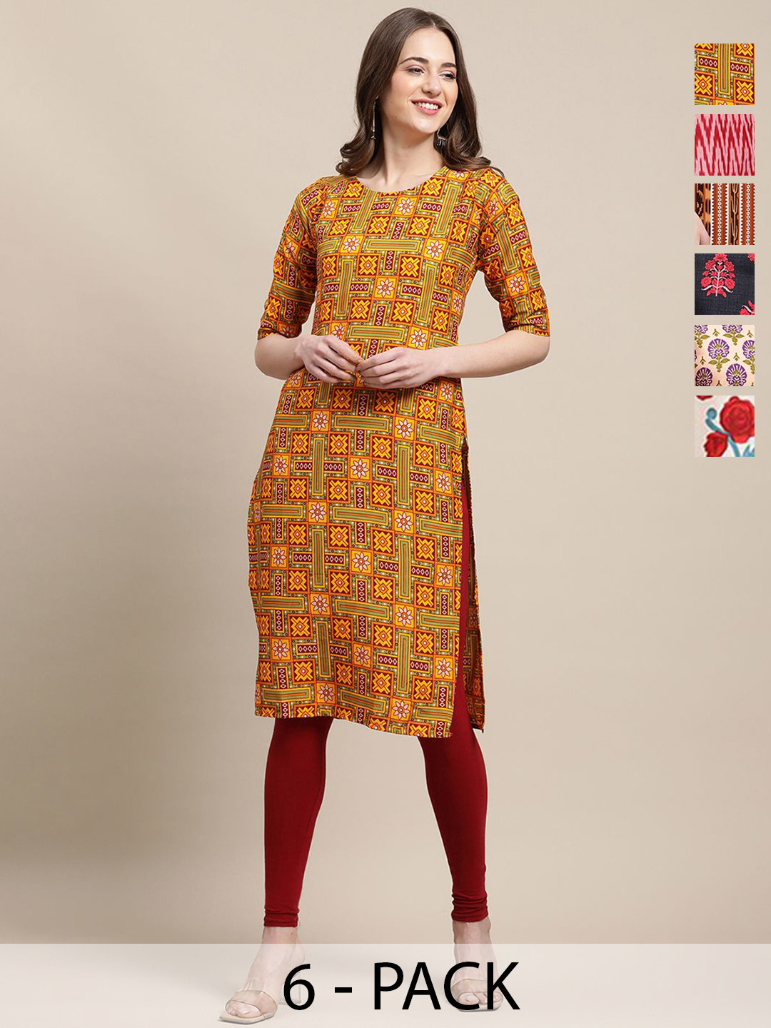 7Threads Pak Of 6 Women Printed Crepe Kurta