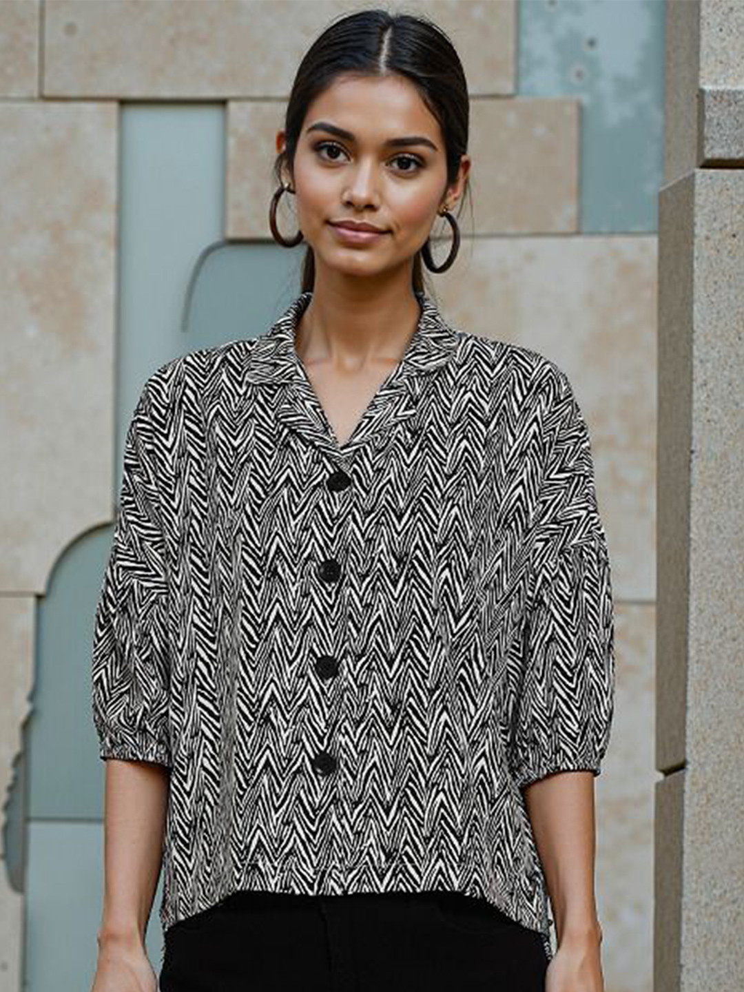 SZN Women Smart Boxy Chevron Printed Spread Collar Casual Shirt