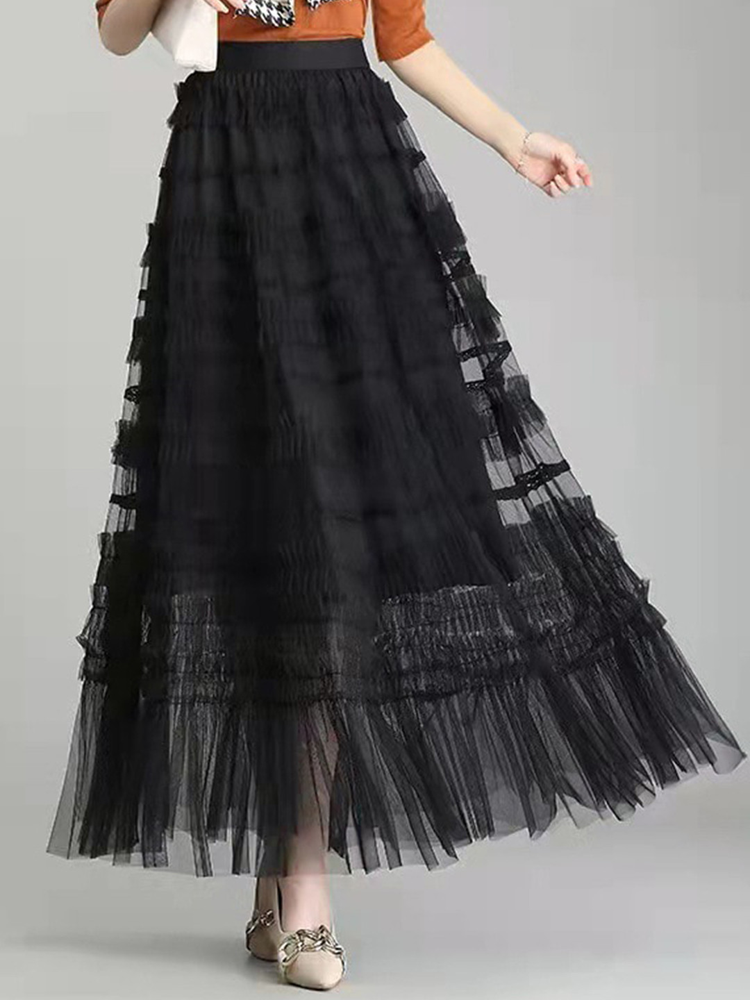 StyleCast Black Frills and Ruffles Flared Maxi Skirt