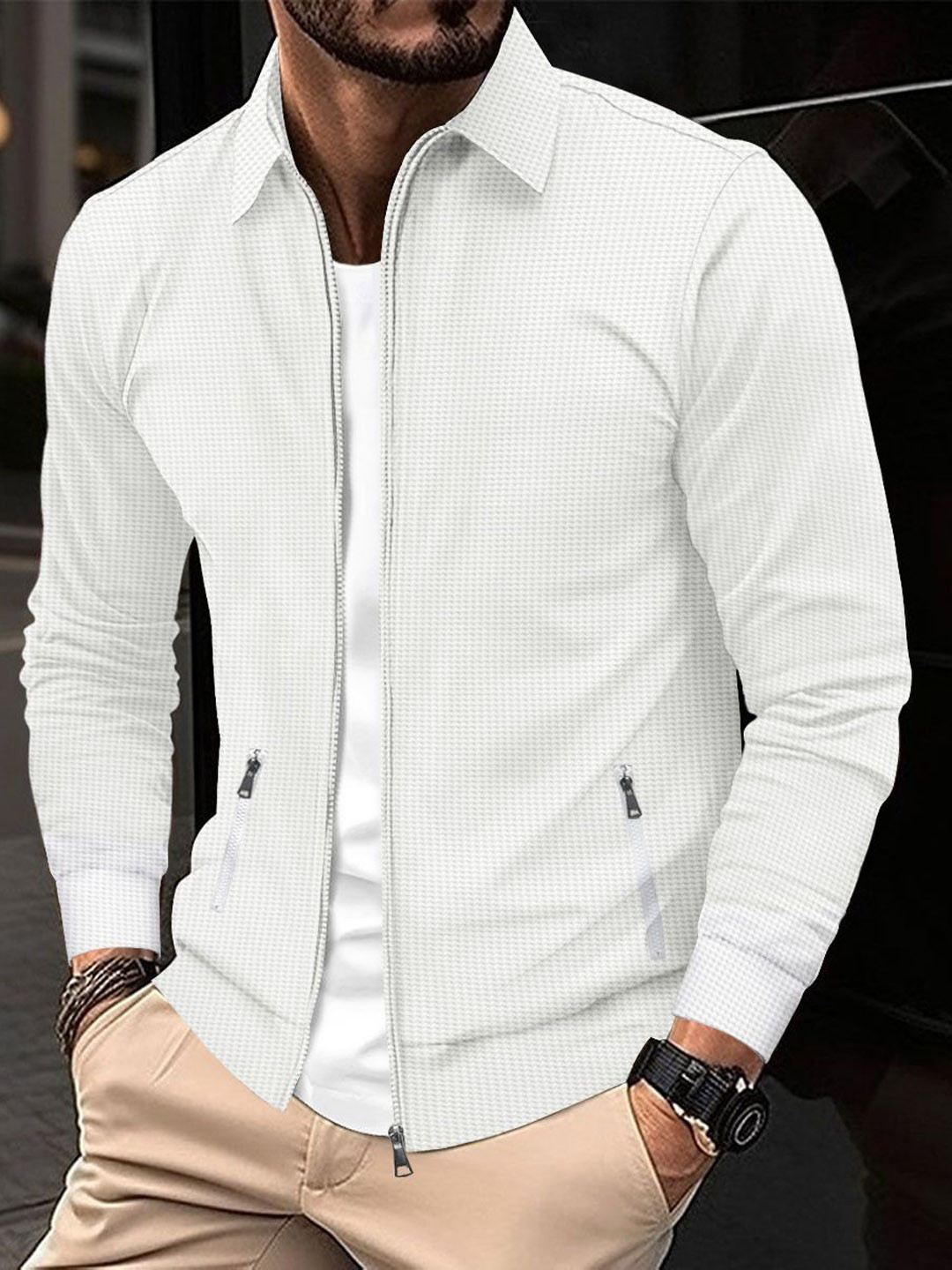 StyleCast x Revolte Men White Solid Casual Bomber Jacket