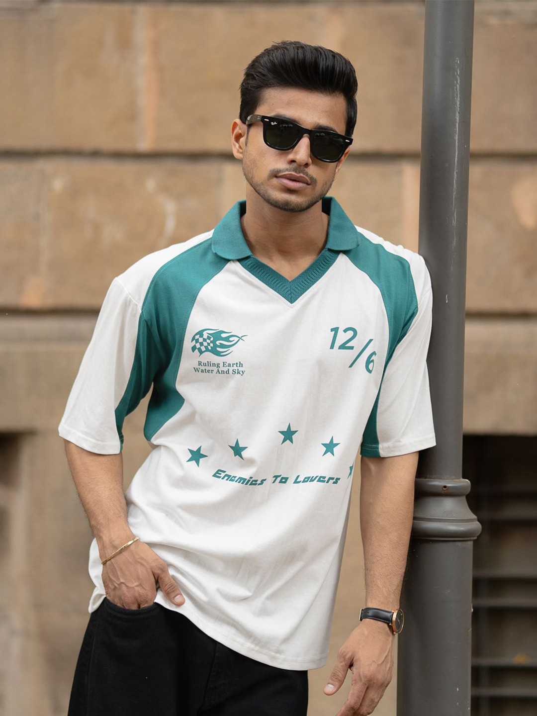 Powerlook Typography Printed Rugby Polo Collar Drop-Shoulder Sleeves T-shirt