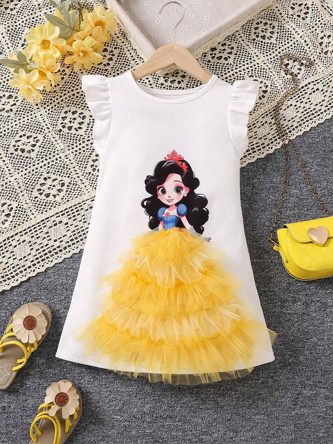 White World Girls Cartoon Characters Ruffles Flutter Sleeves A-Line Dress