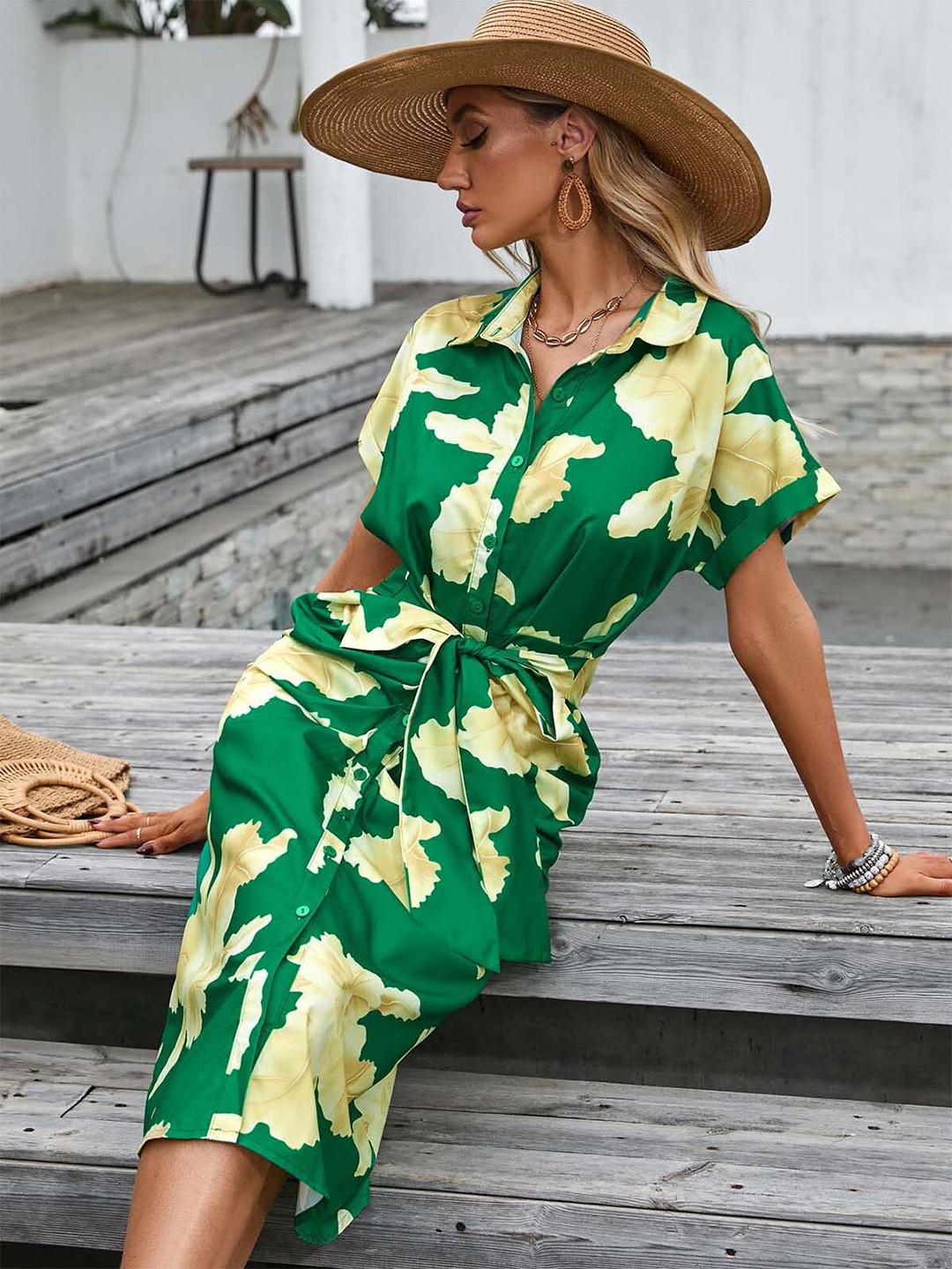 StyleCast Green Floral Printed Shirt Collar Tie Up Shirt Dress