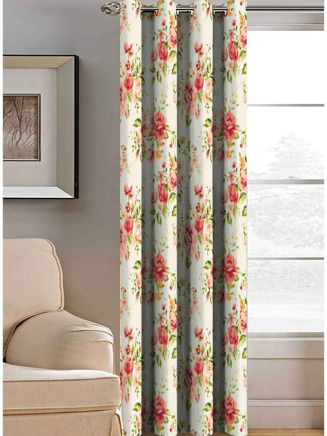 Aura White & Red Floral Printed Light Blocking Door Curtain
