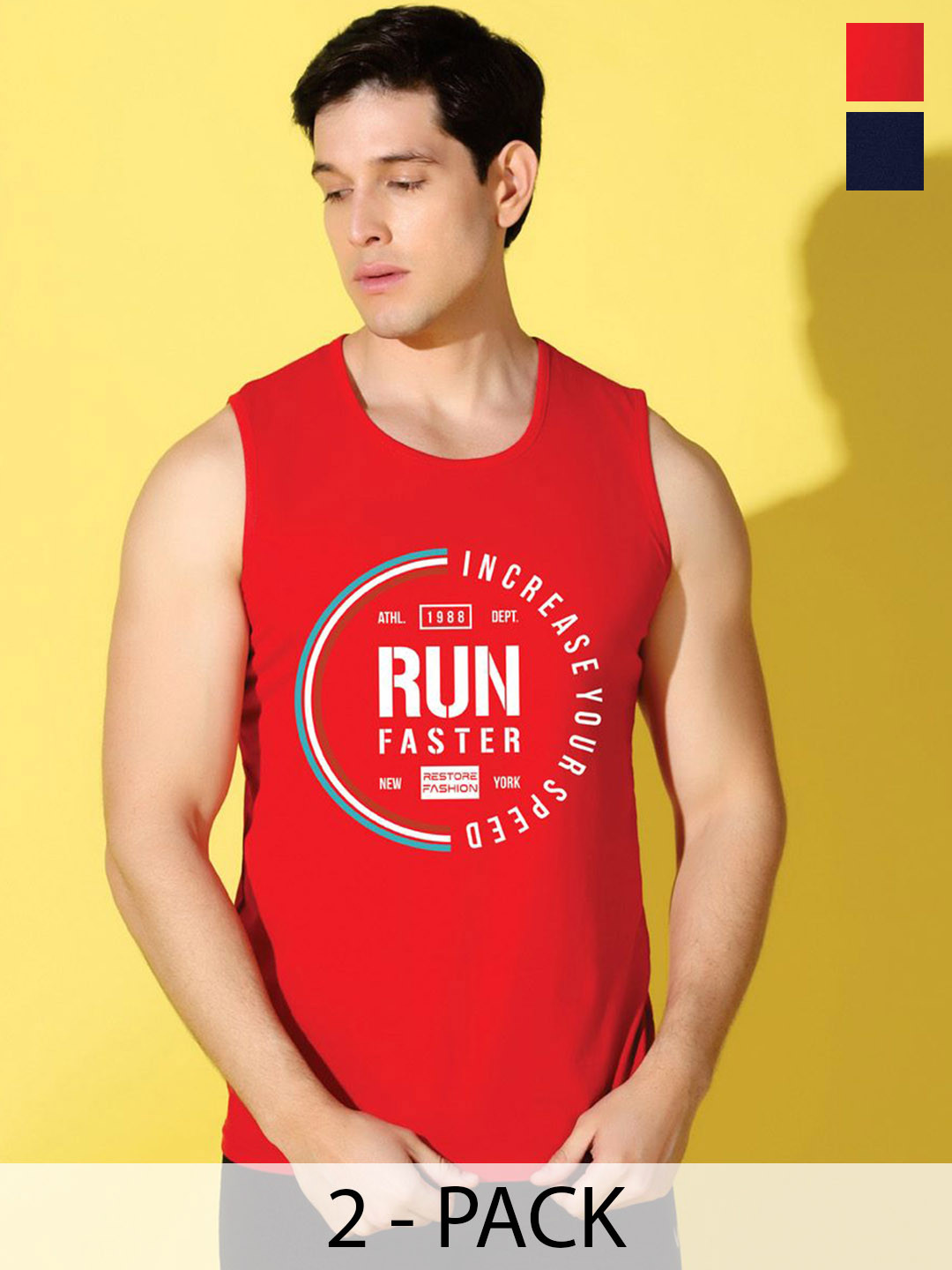 WOOSTRO Pack Of 2 Printed Knitted Gym Vest - VWS26(RUN RED)(BKLN NAVY)