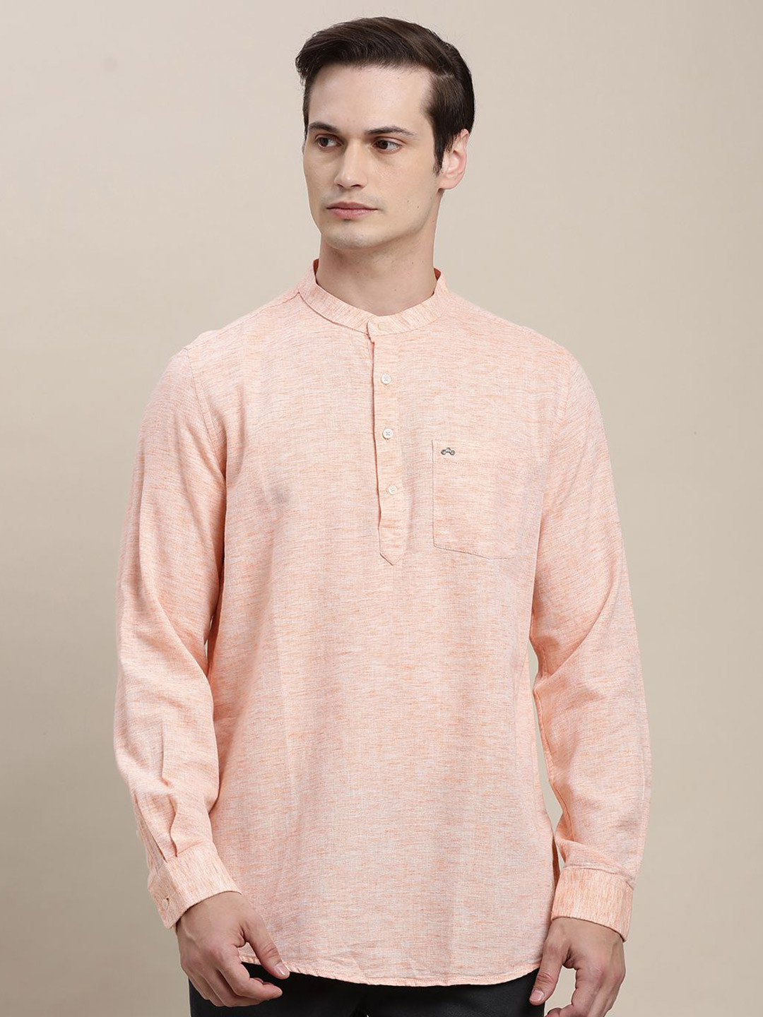 Turtle Band Collar Long Roll-Up Sleeves Cotton Lyolin Straight Kurta