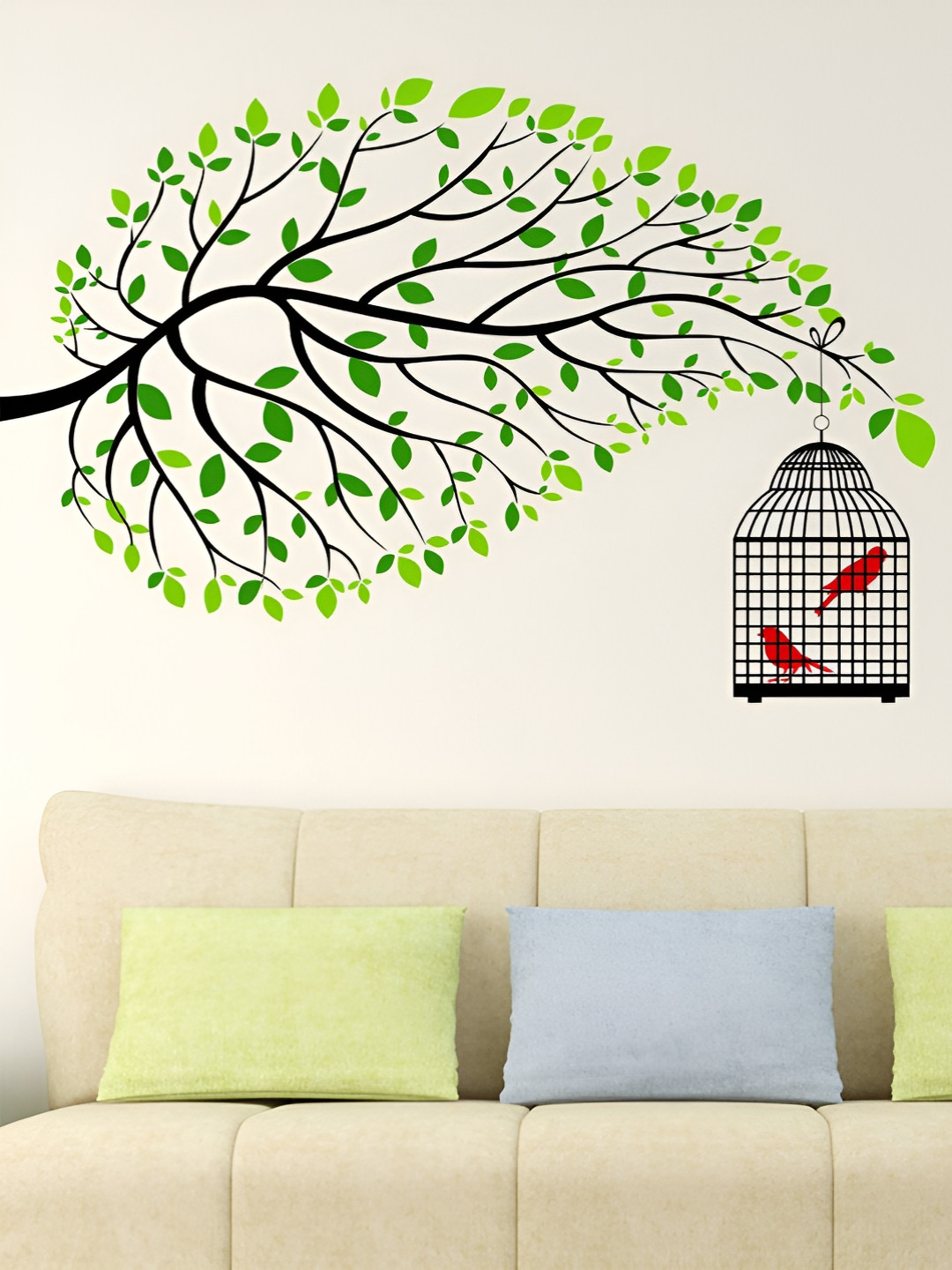 LANSTICK Green & Black Tree Branches With One Cage Printed Self-Adhesive WallStickers