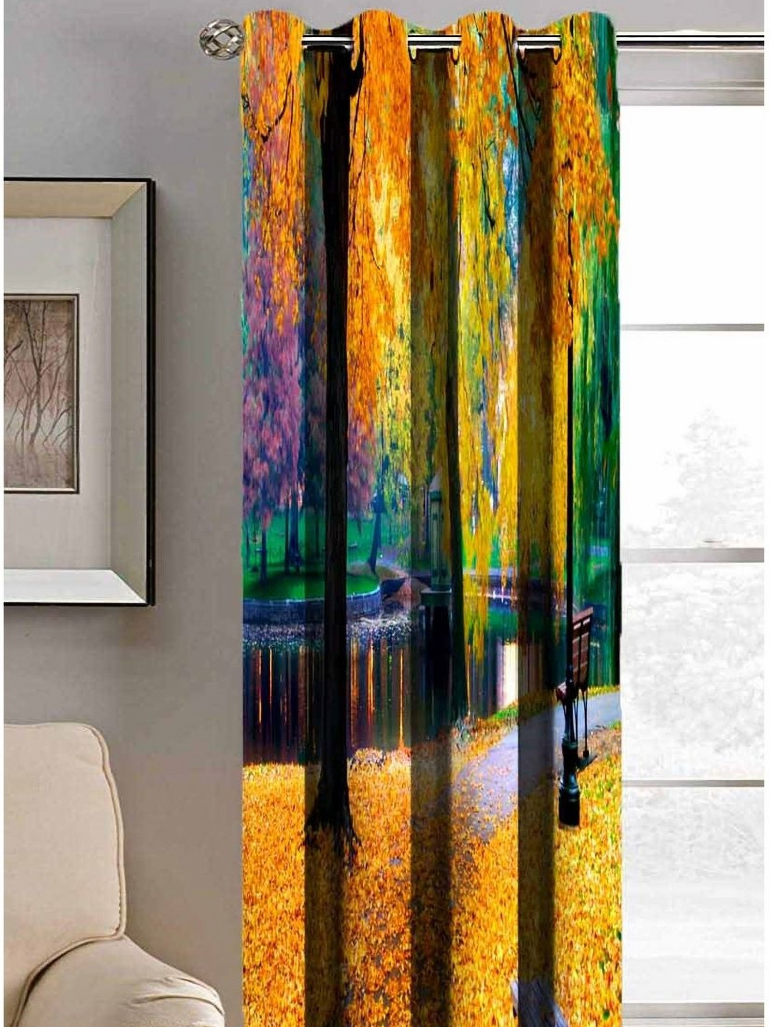 Aura Yellow & Blue Garden Printed Light Blocking Door Curtain