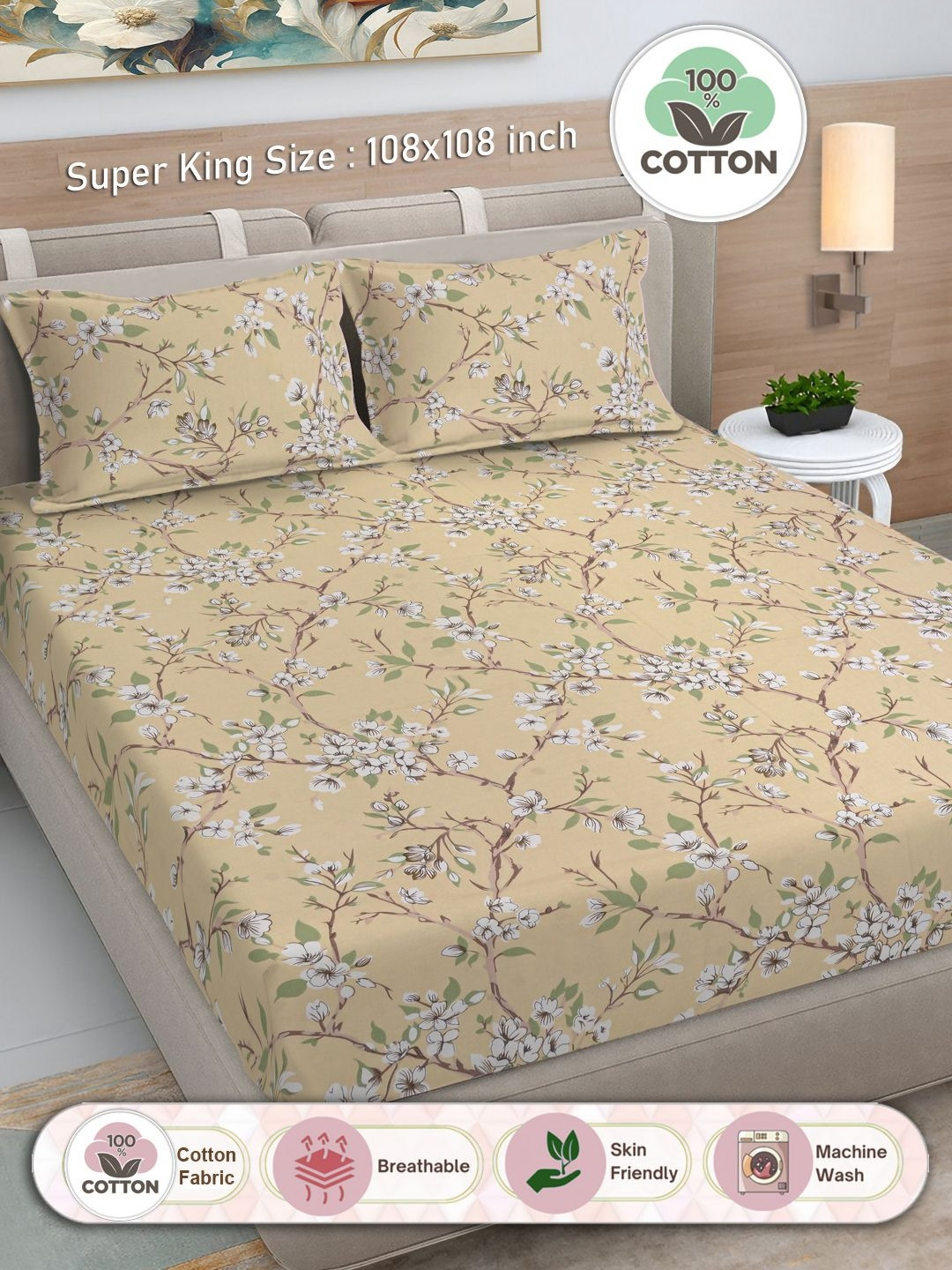 FABINALIV Yellow Floral Pure Cotton Breathable 300 TC Fitted King Fine Bedsheet with 2 Pillow Covers-106 x 106 inches