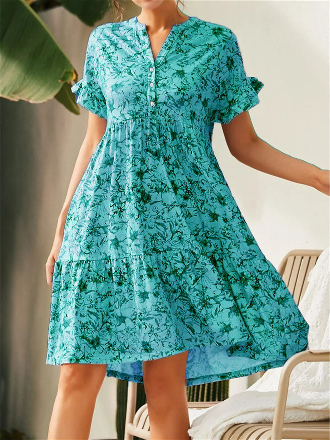 StyleCast Sea Green Floral Printed Mandarin Collar Gathered Silk A-Line Dress