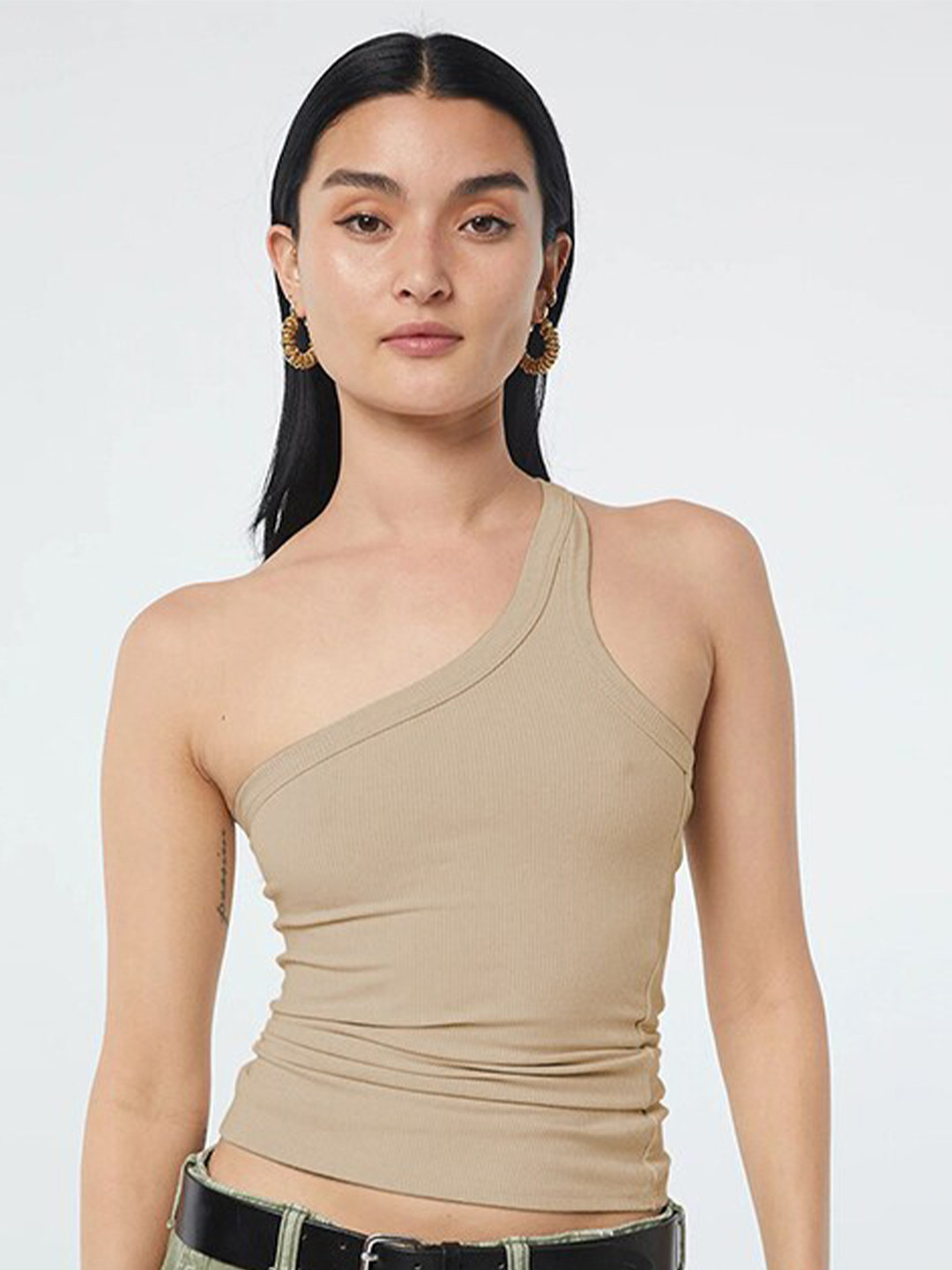 StyleCast Beige One Shoulder Ribbed Fitted Top