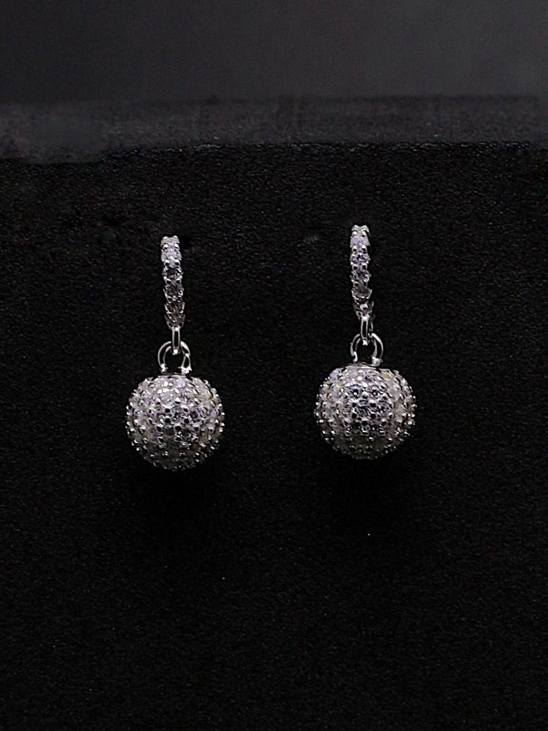 Silver by HM 925 Sterling Silver Rhodium-Plated CZ Studded Spherical Hoop Earrings