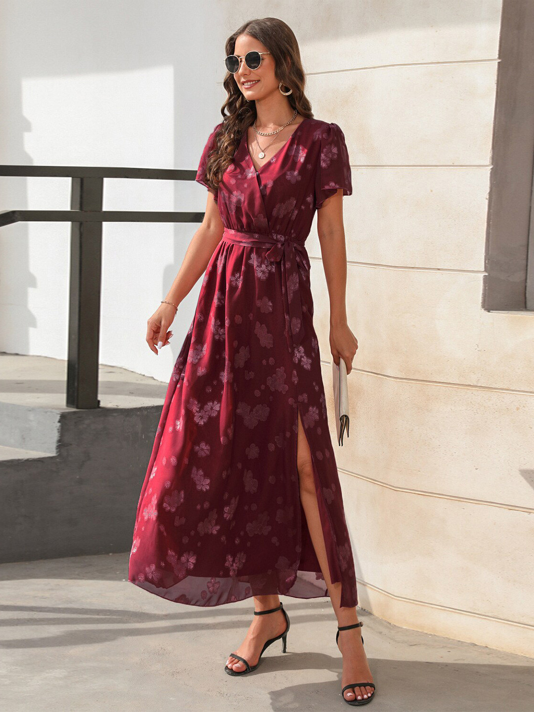 StyleCast Maroon Floral Printed V-Neck Short Sleeves Gathered Maxi Dress