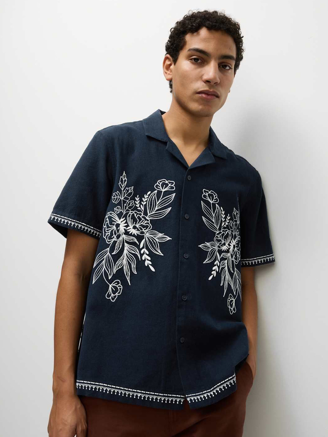 Marks & Spencer Floral Embroidered Spread Collar Cotton Linen Shirt