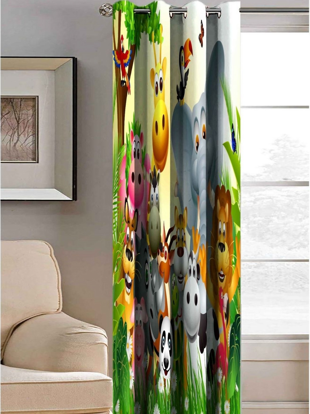 Aura Green & White Jungle Book Cartoon Printed Light Blocking Window Curtain