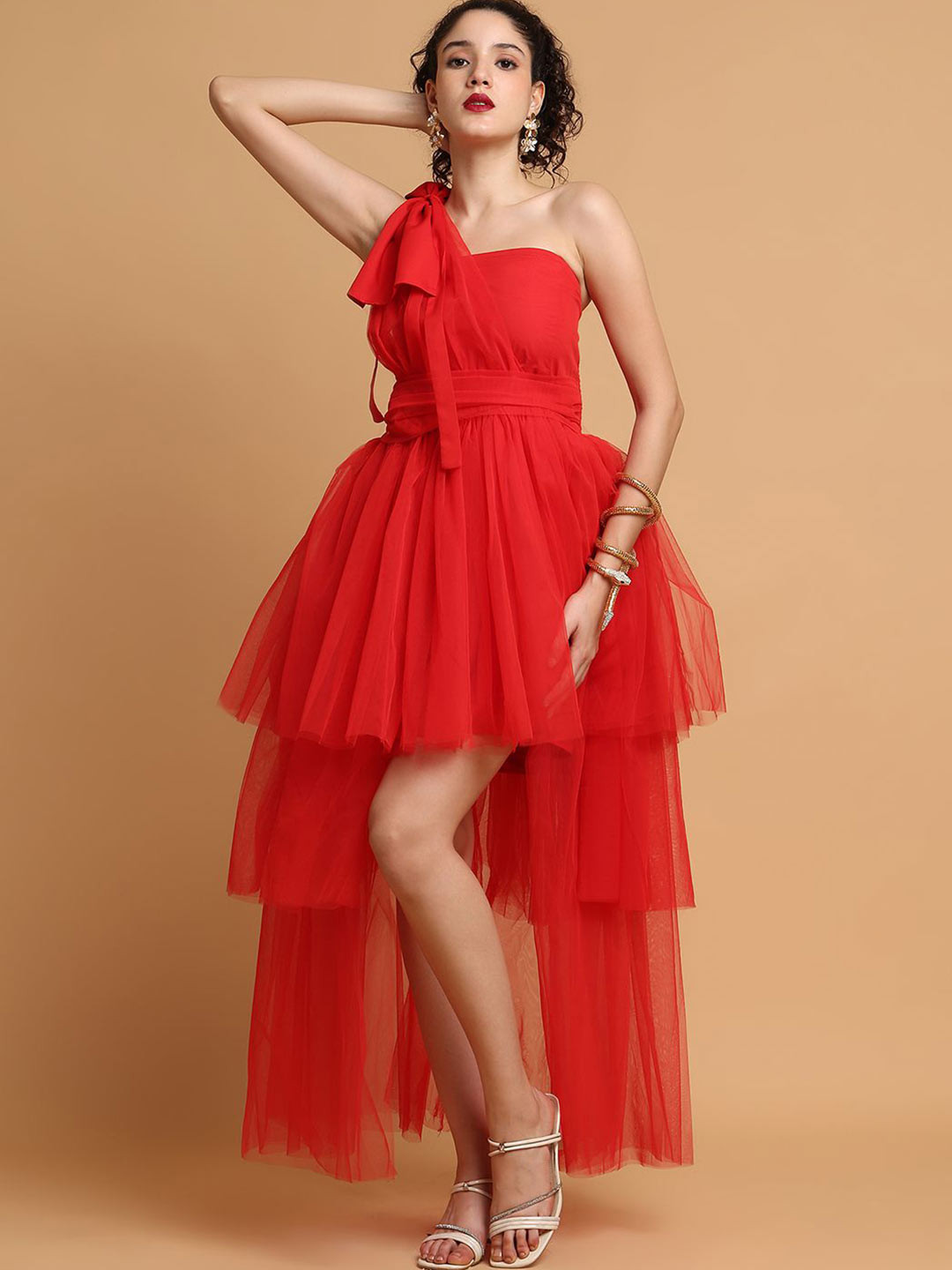 BLANC9 Women Red Tulle Dress With One Sleeves