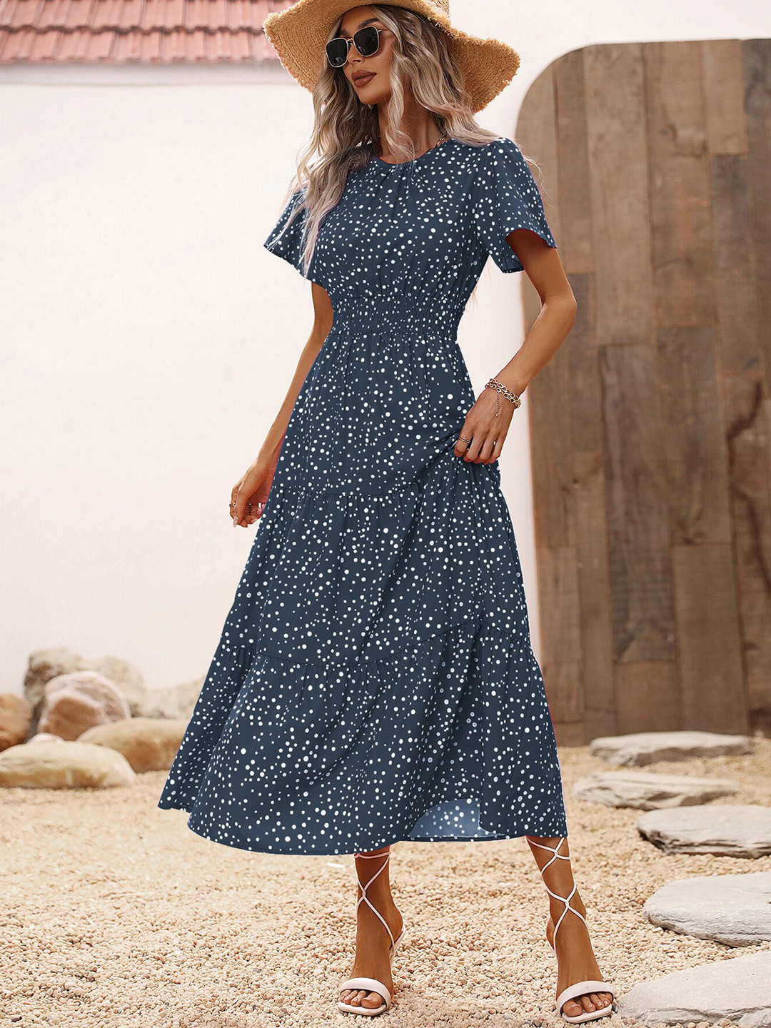 Navy Blue Polka Dots Fit & Flare Midi Dress