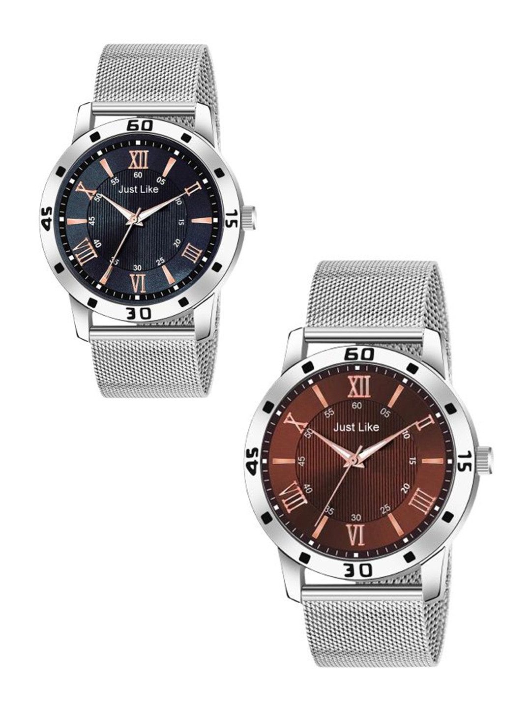 JUST LIKE Men Pack Of 2 Bracelet Style Straps Analogue Watch 451 All Sefar Black & Brwon