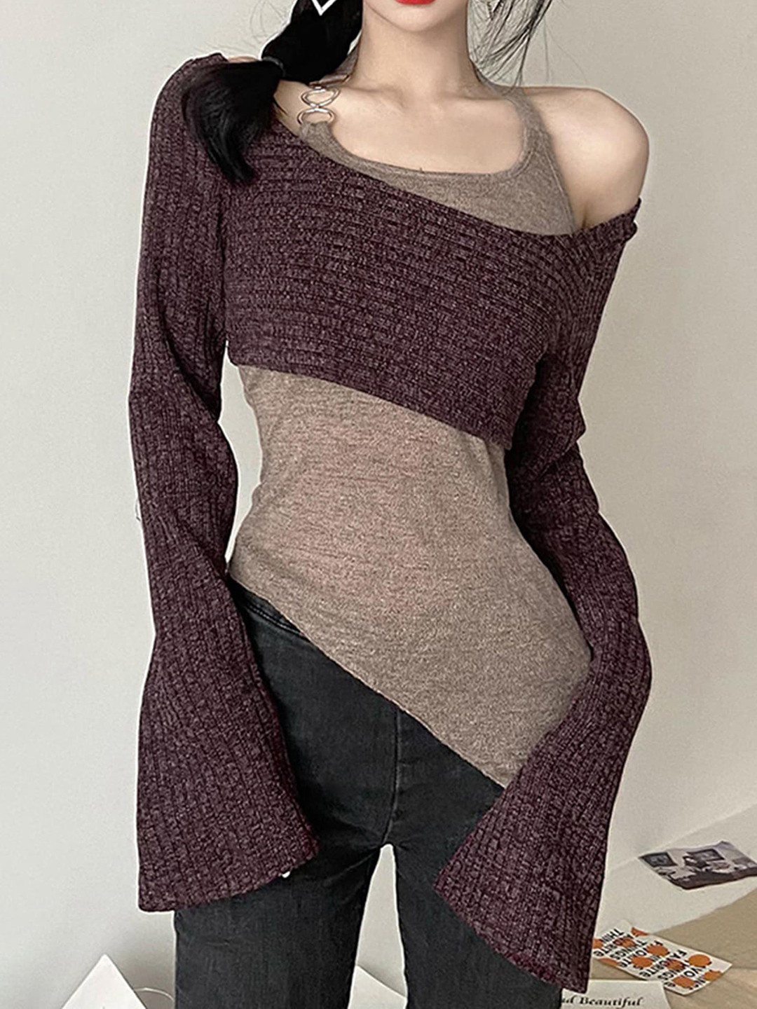 LULU & SKY Self Design Halter Neck Ring Detail Top