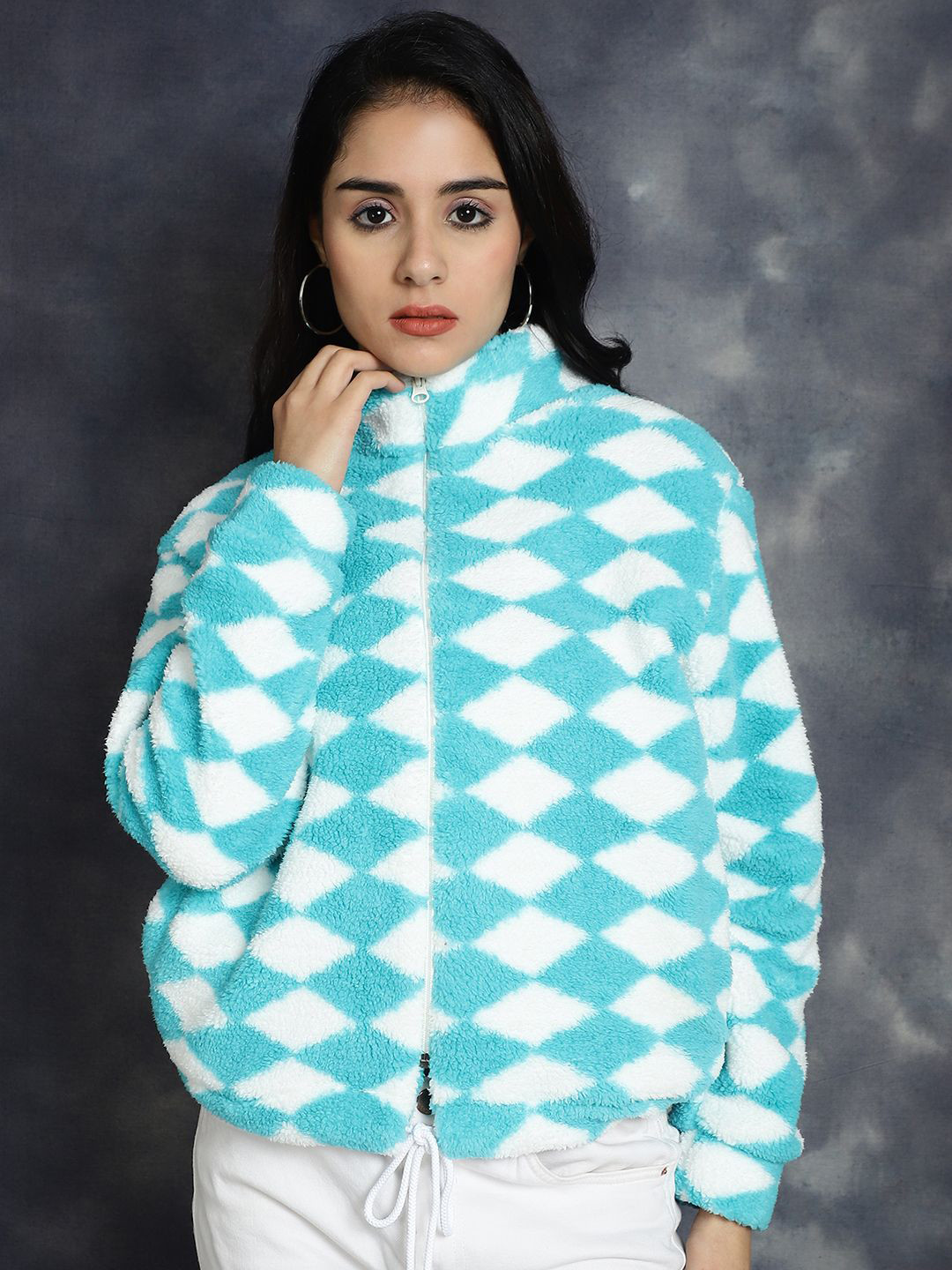JAKANARY Geometric Self Design Hooded Faux Fur Trim Lightweight Tailored Jacket
