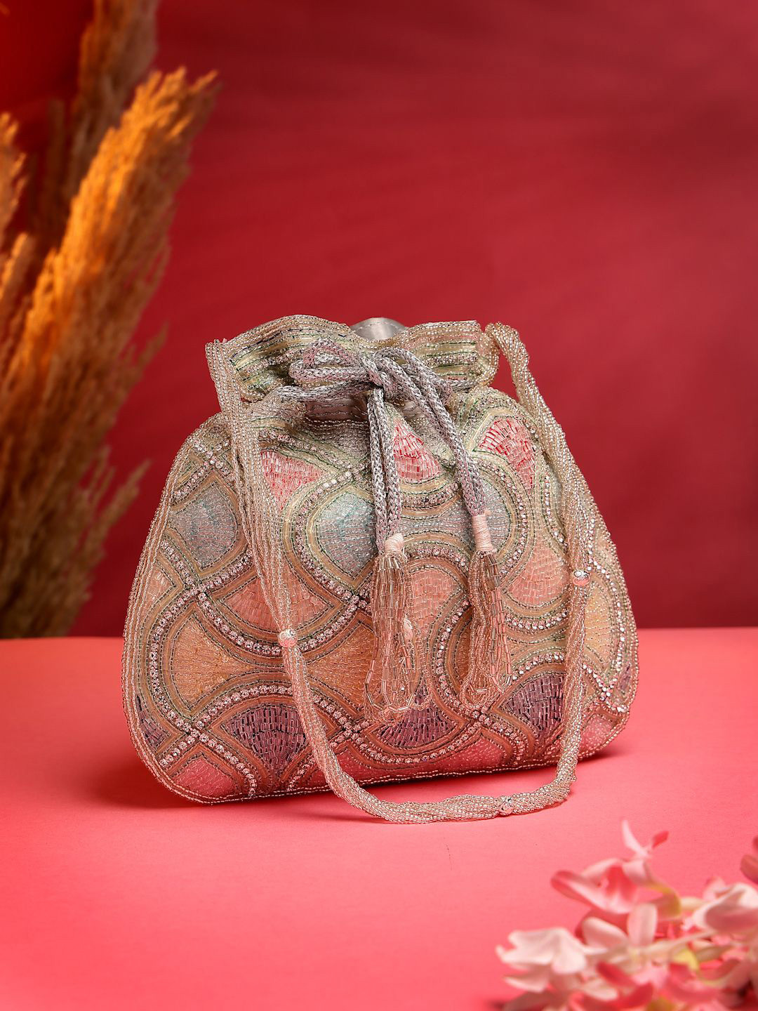 Anekaant Dangle Silver & Pastel Multi Vermicular Embellished Faux Silk Potli