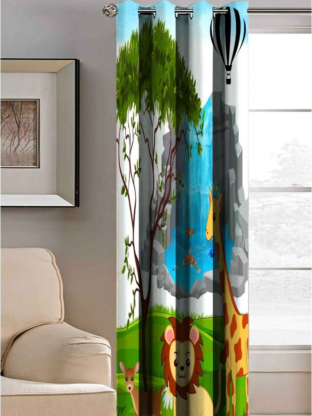 Aura White & Blue River Jungle Book Printed Light Blocking Window Curtain