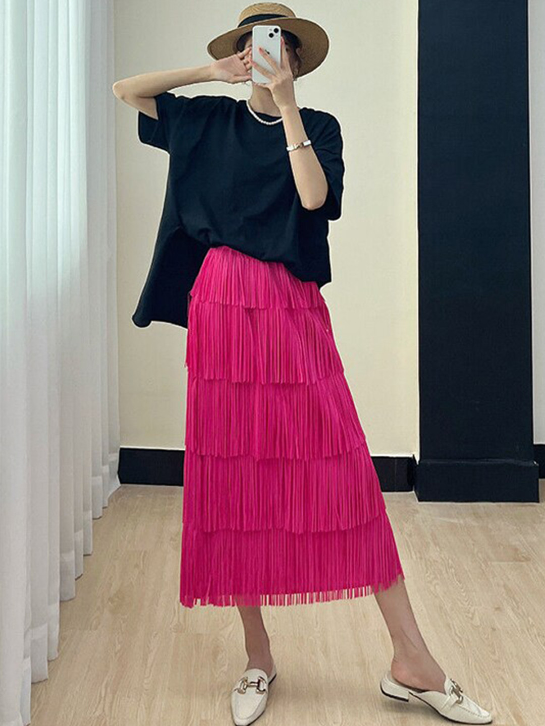 StyleCast Pink Layered Fringed Accordion Pleats High-Rise Flared Midi Skirt