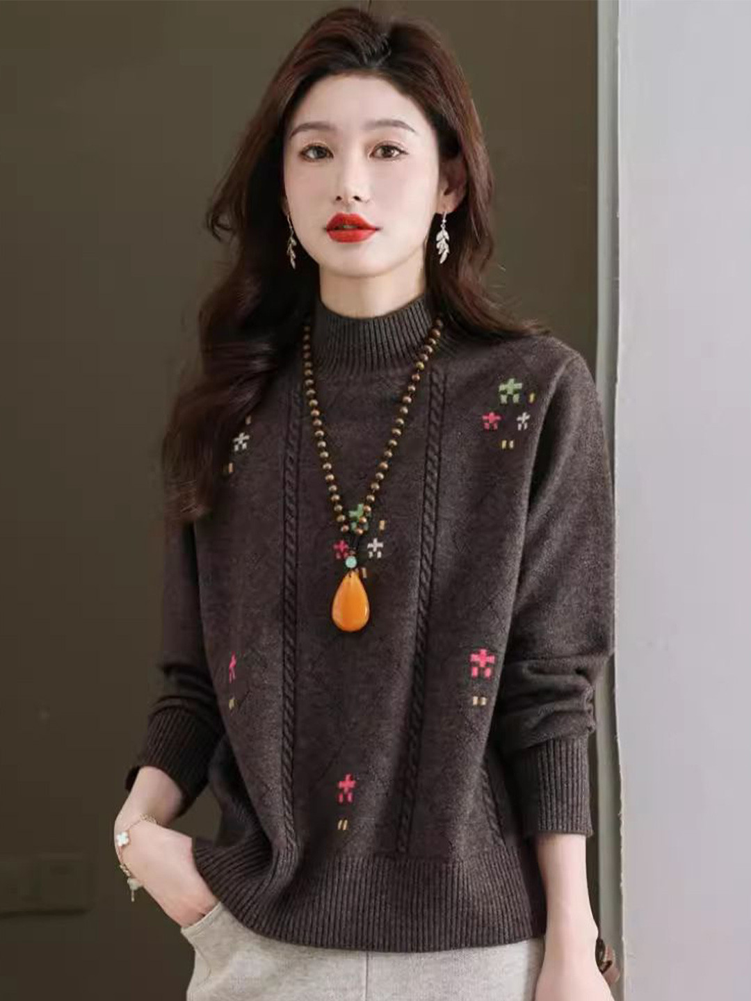 StyleCast Women Turtle Neck Cable Knit Pullover with Embroidered Detail Sweaters