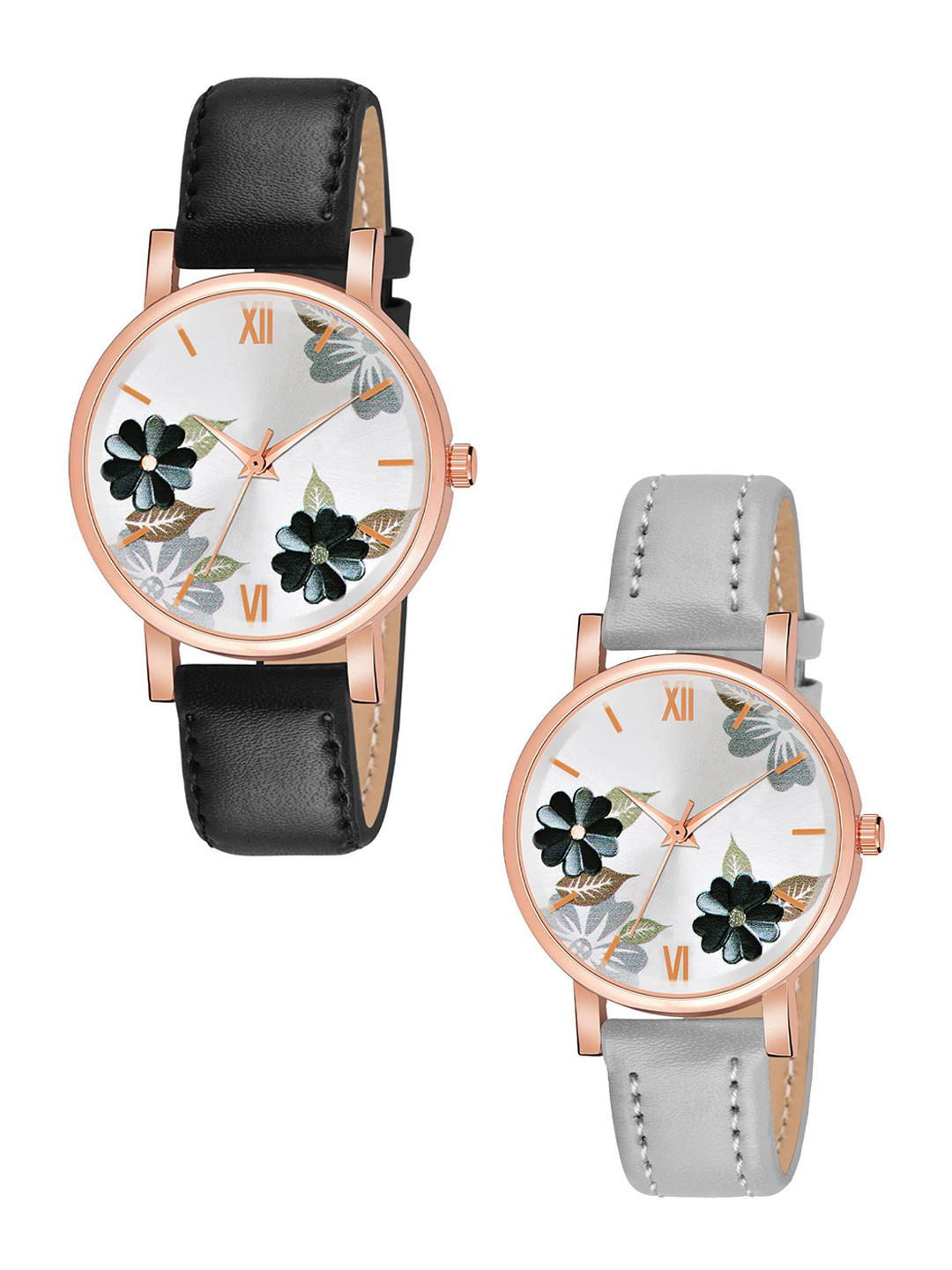 JUST LIKE Girls Pack Of 2 Printed Dial & Leather Straps Analogue Watch 81-flowers