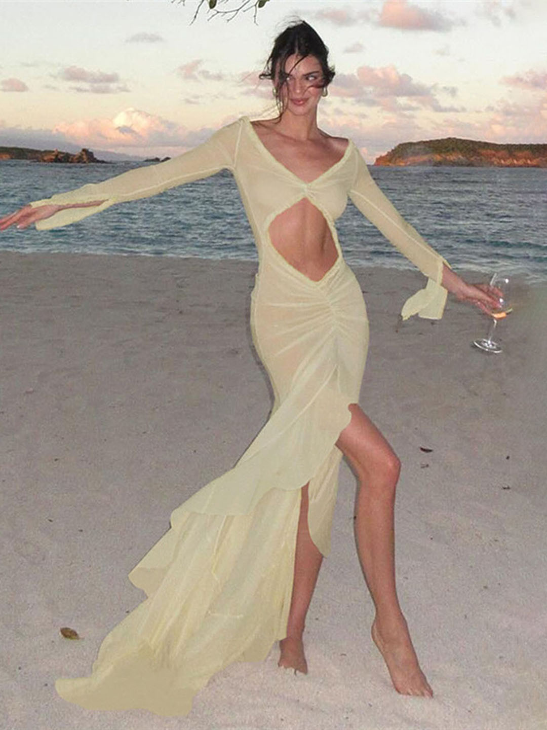 LULU & SKY Women V-neck Ruffle-trim Long Cut-out Drape Dress