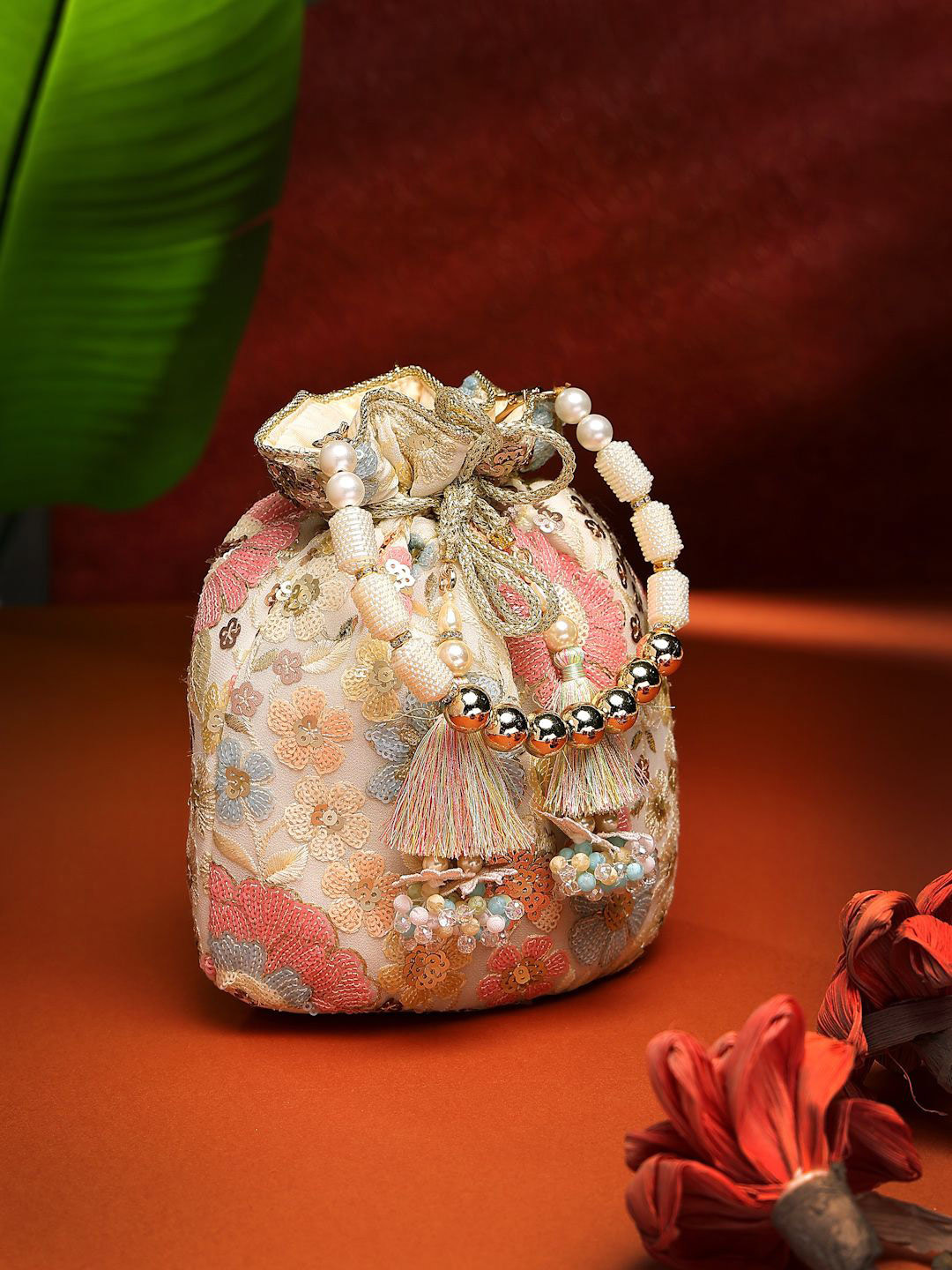 Anekaant Dangle Off White & Pastel Multi Floral Embellished Georgette  Potli