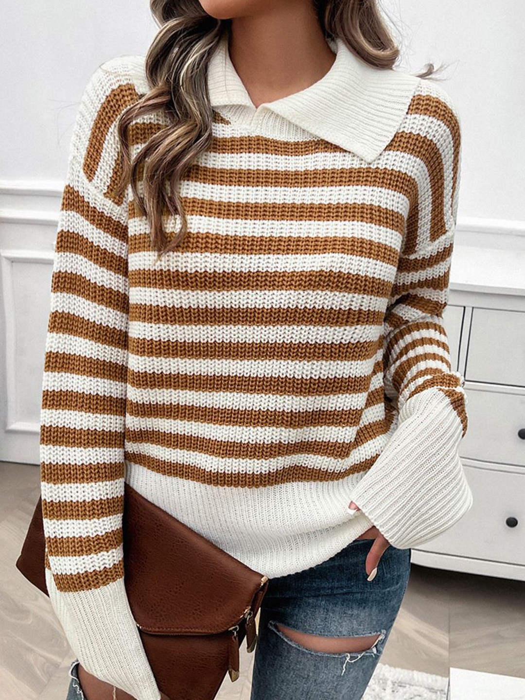 StyleCast Women Horizontal Striped Shirt Collar Acrylic Top