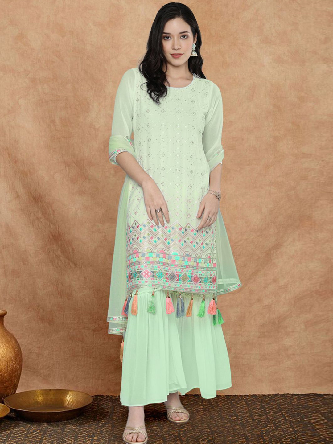 Sangria Women Sequin Embroidered Tassel-Detail Straight Kurta & Sharara With Dupatta