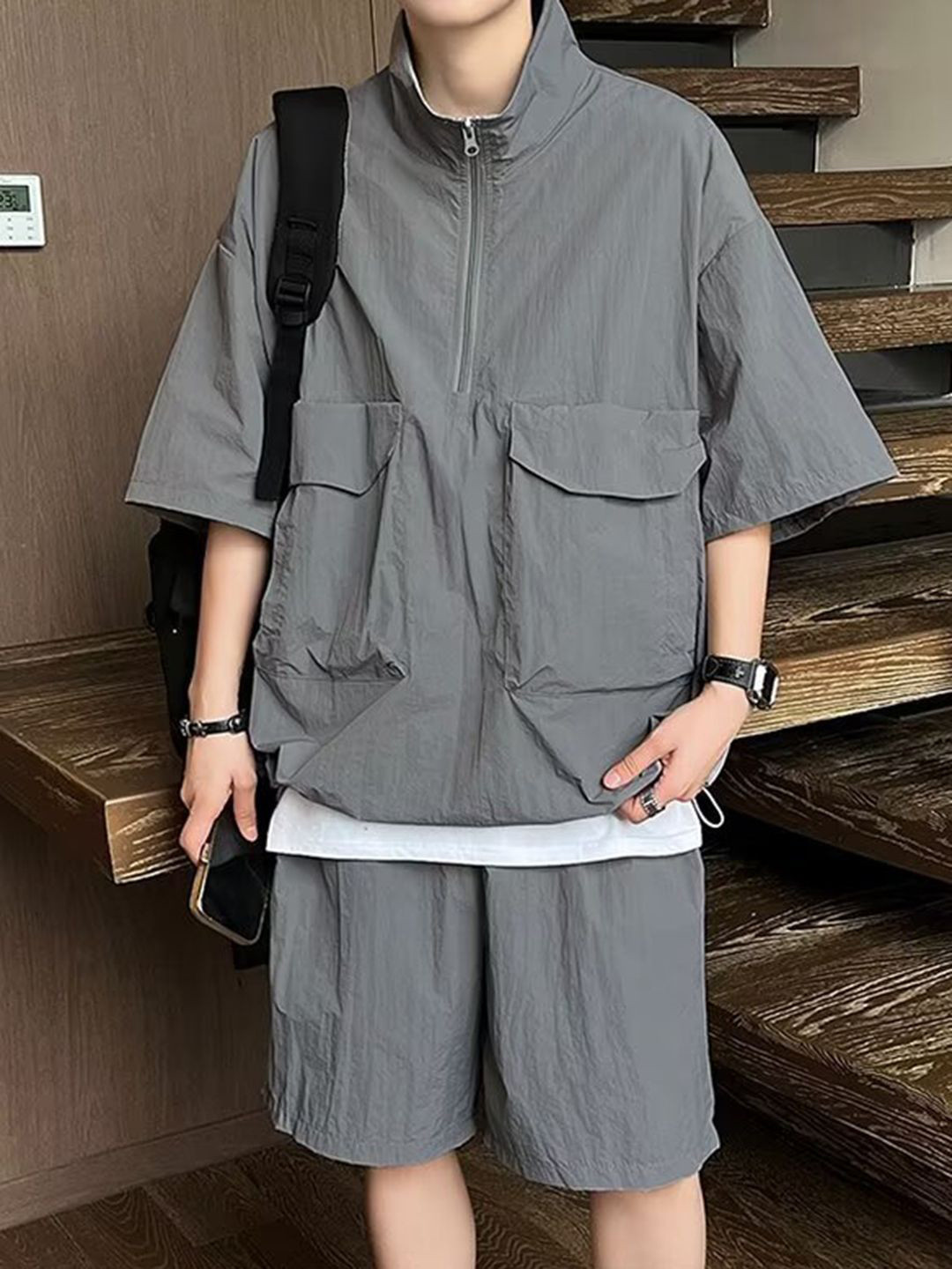 StyleCast Mock Collar Shirt With Shorts