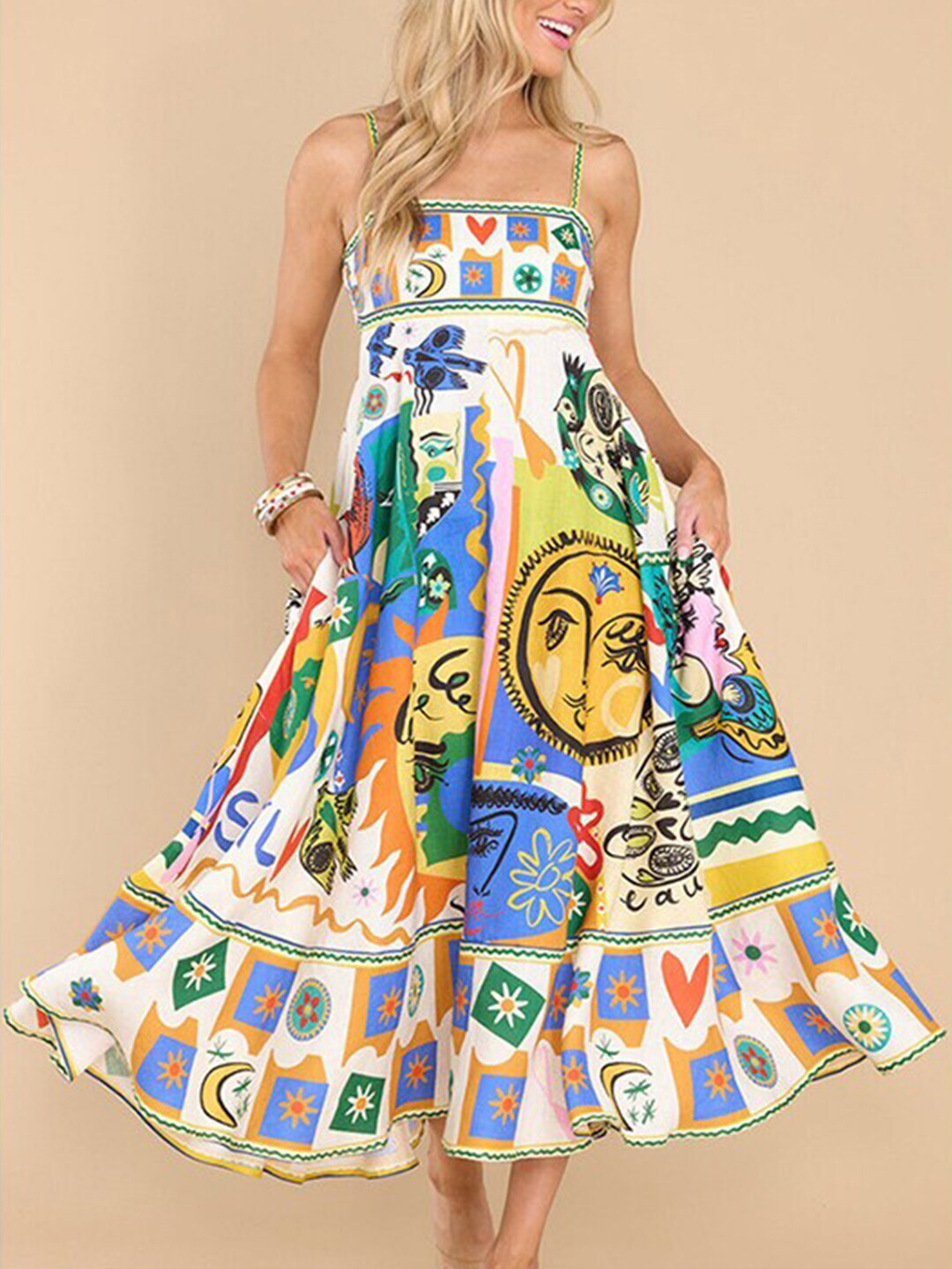 StyleCast x Revolte Graphic Printed Flared Linen Fit & Flare Maxi Dress