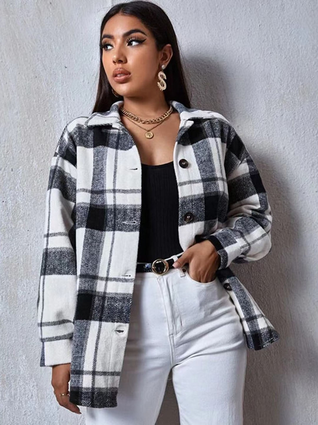 StyleCast White Checked Spread Collar Shacket