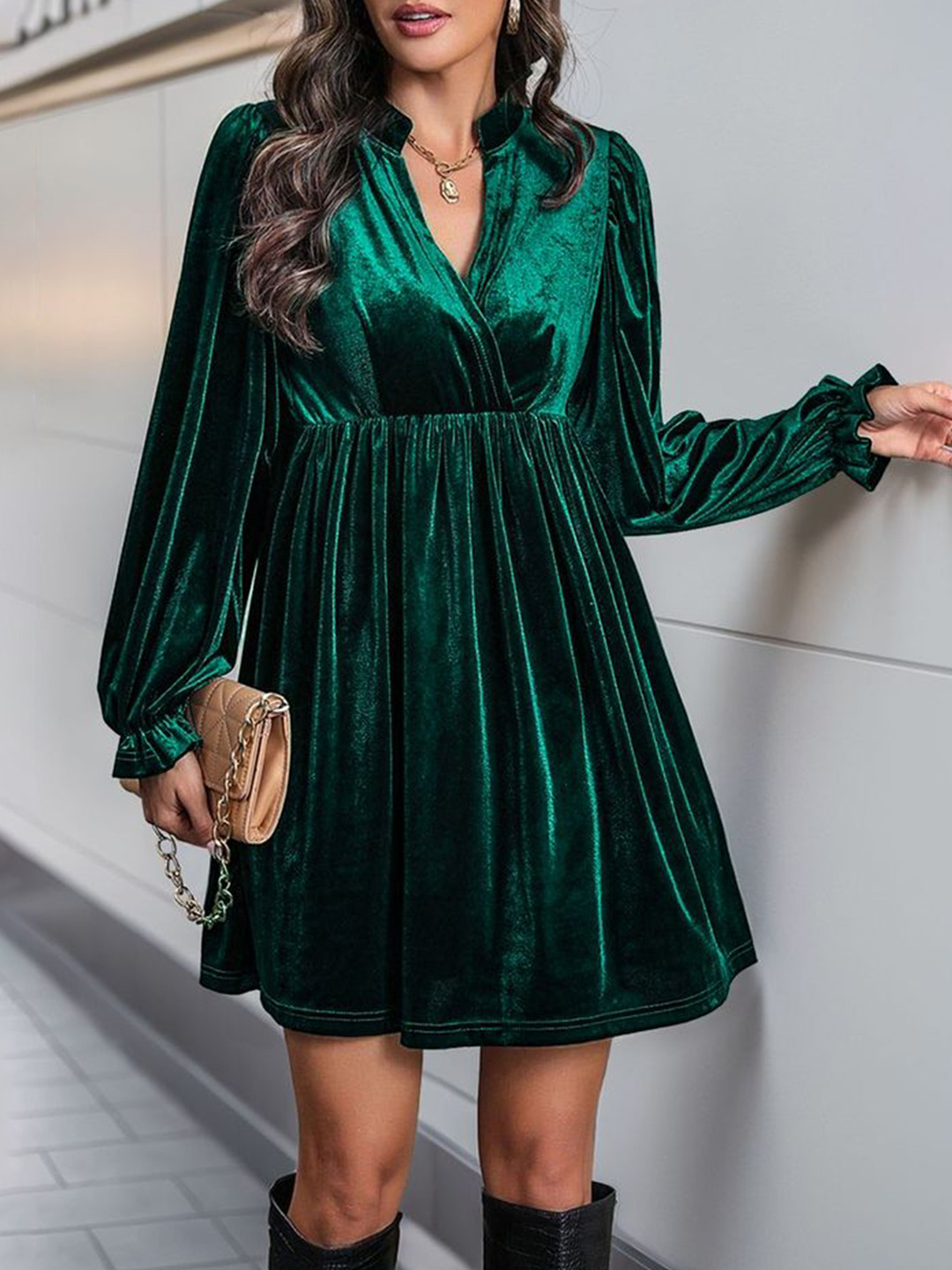 LULU & SKY Women Velvet Bishop Sleeve Fit & Flare Dress