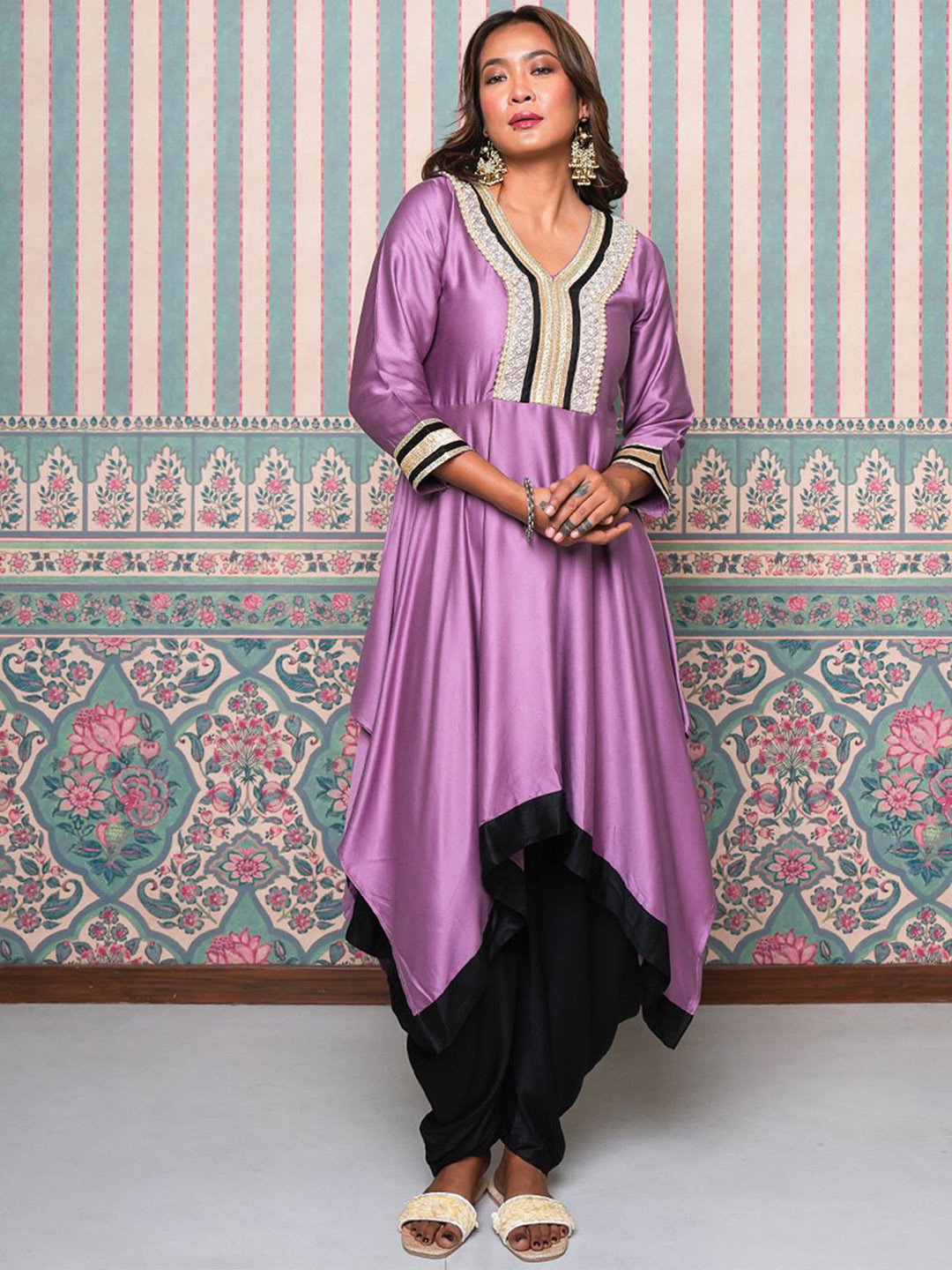 Label Ishnya Floral Yoke Design Thread Work Asymmetric A-Line Fusion Kurta With Dhoti Pants