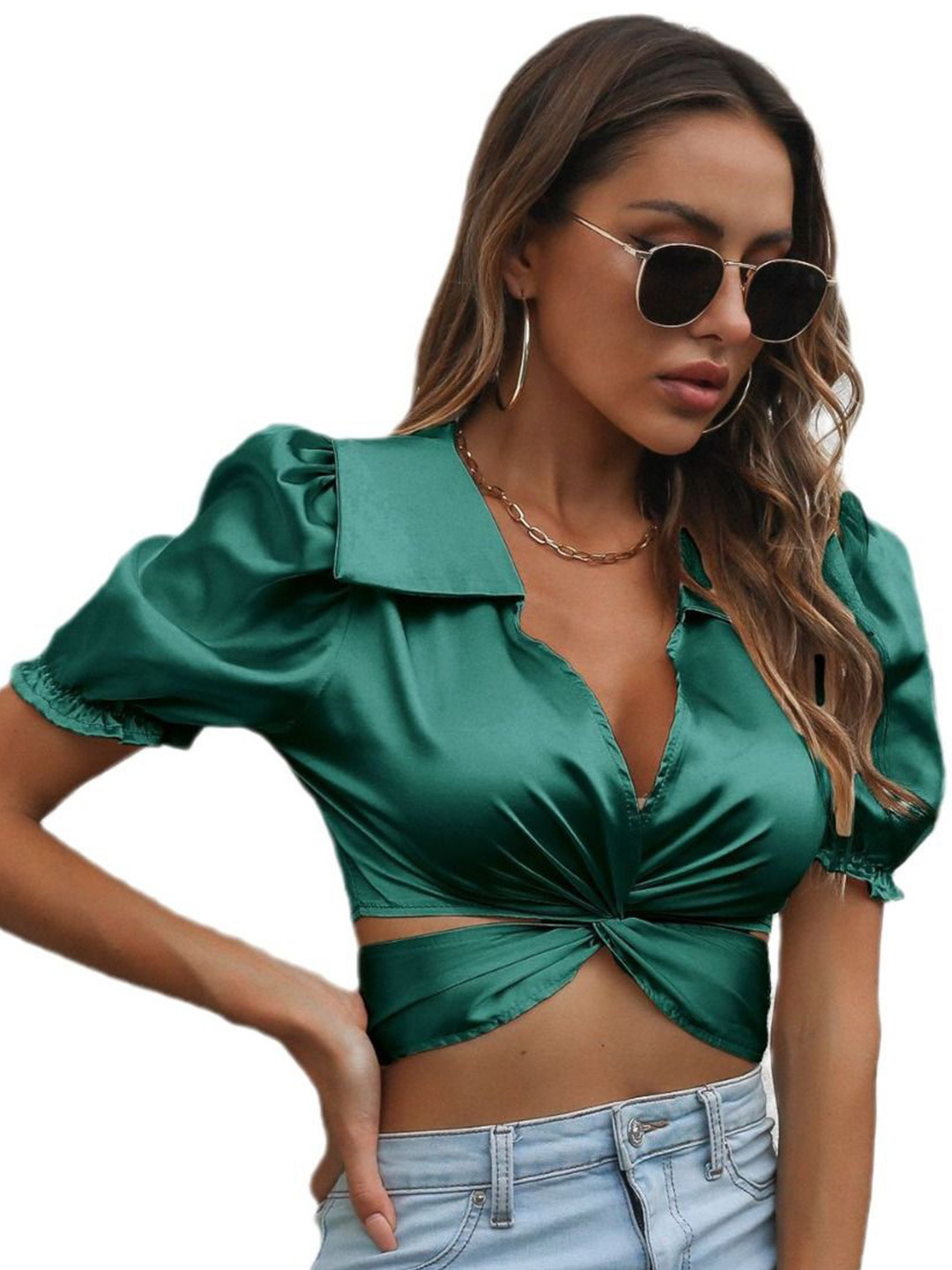 StyleCast shirt collar puff sleeve tie-ups styled back Top