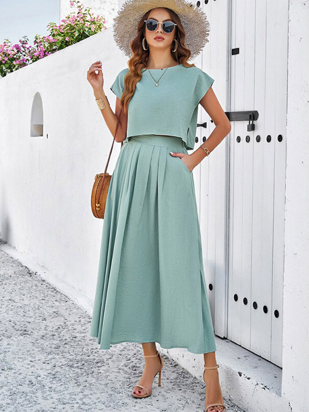 Green Boat Neck Co-Ords with Skirt
