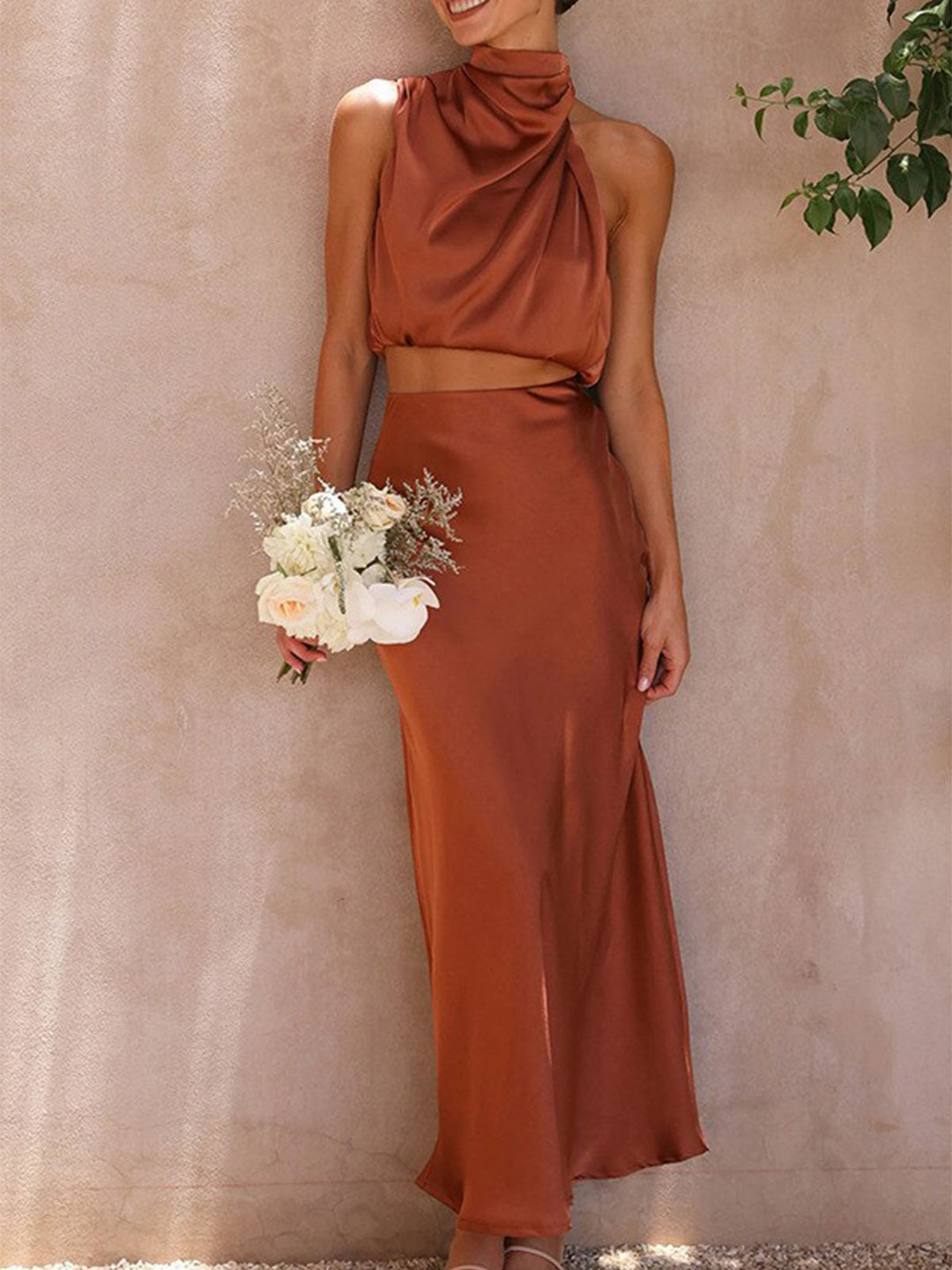 StyleCast Brown High Neck Crop Top With Skirt