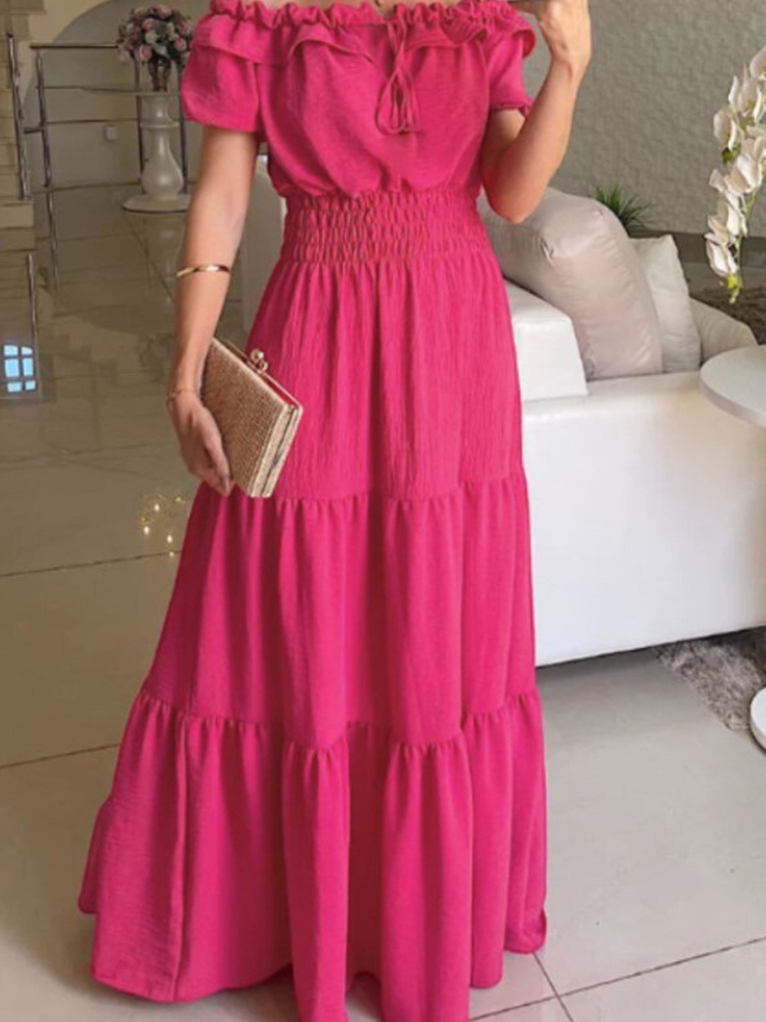 StyleCast x Revolte Fuchsia Puff Sleeves Tiered Maxi Dress