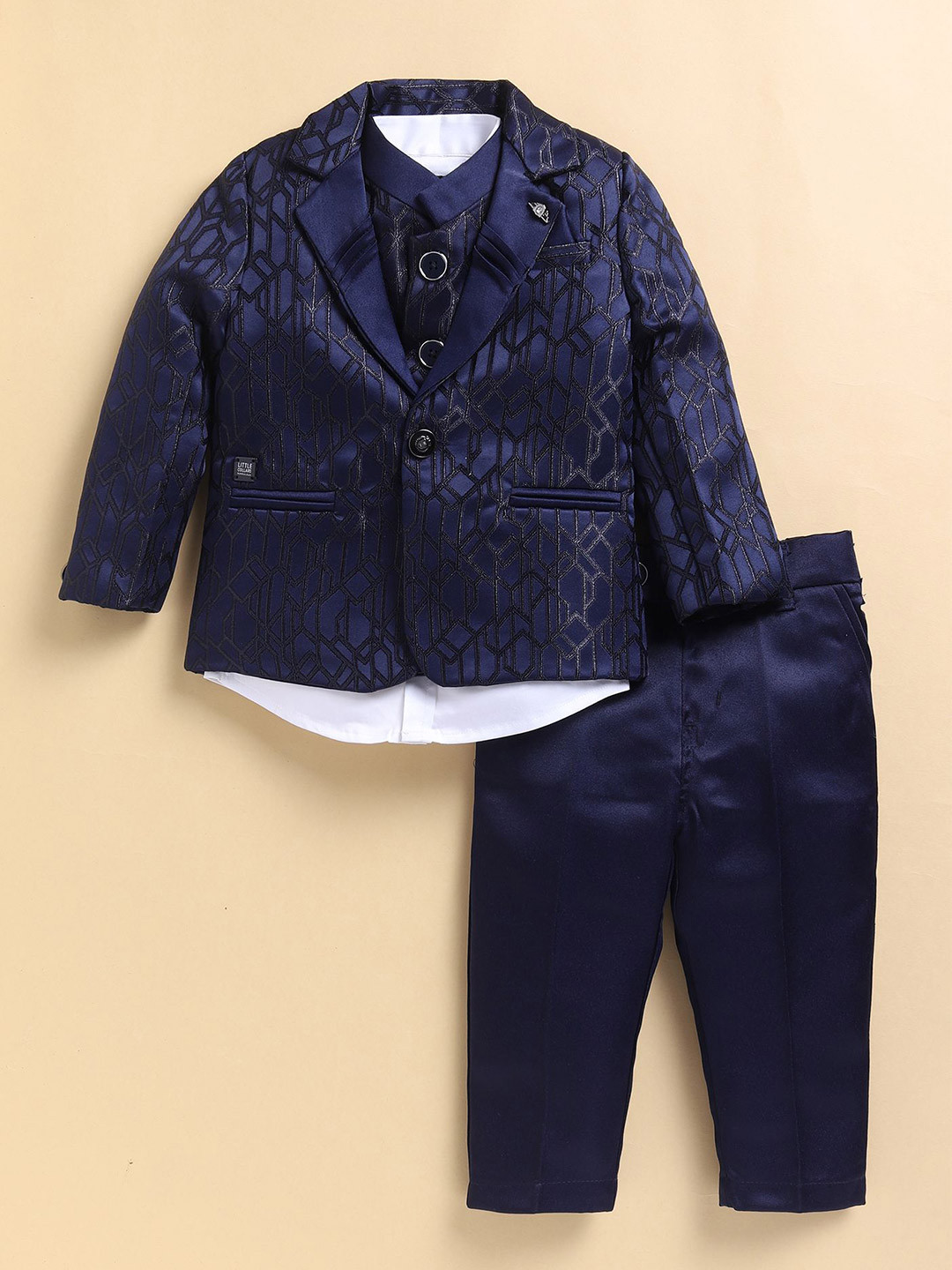 LITTLE COLLARS Boys Self Design Notched Lapel Collar 4 Piece Suit