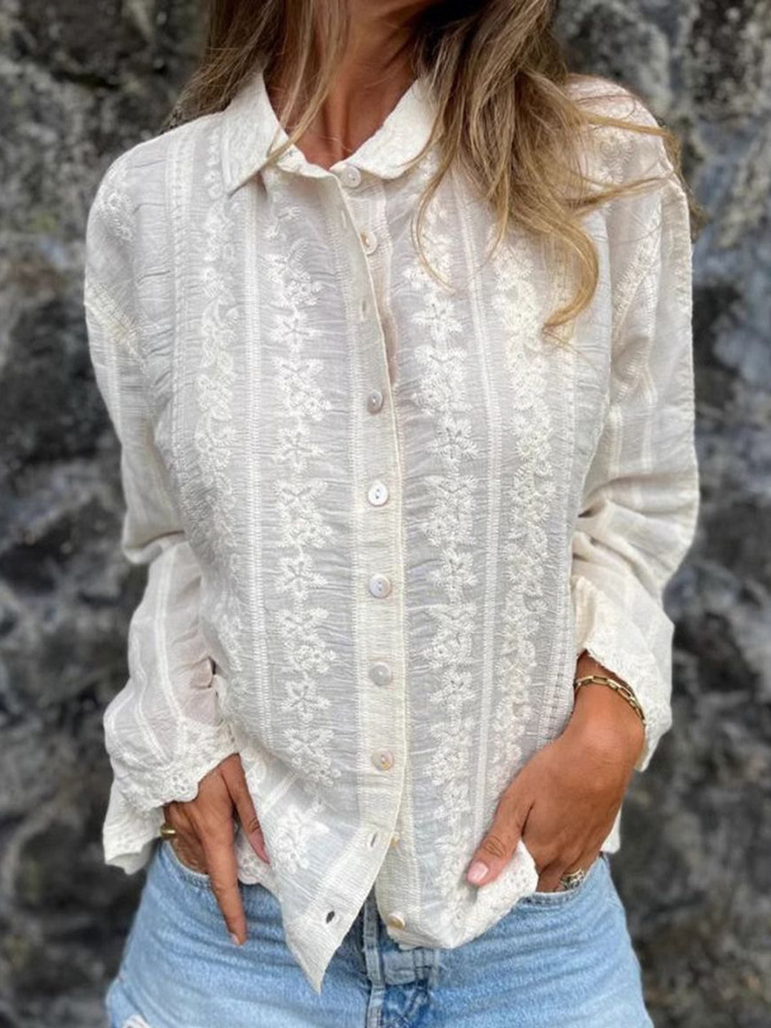 Routes by All About You Women White Floral Embroidered Shirt Style Top