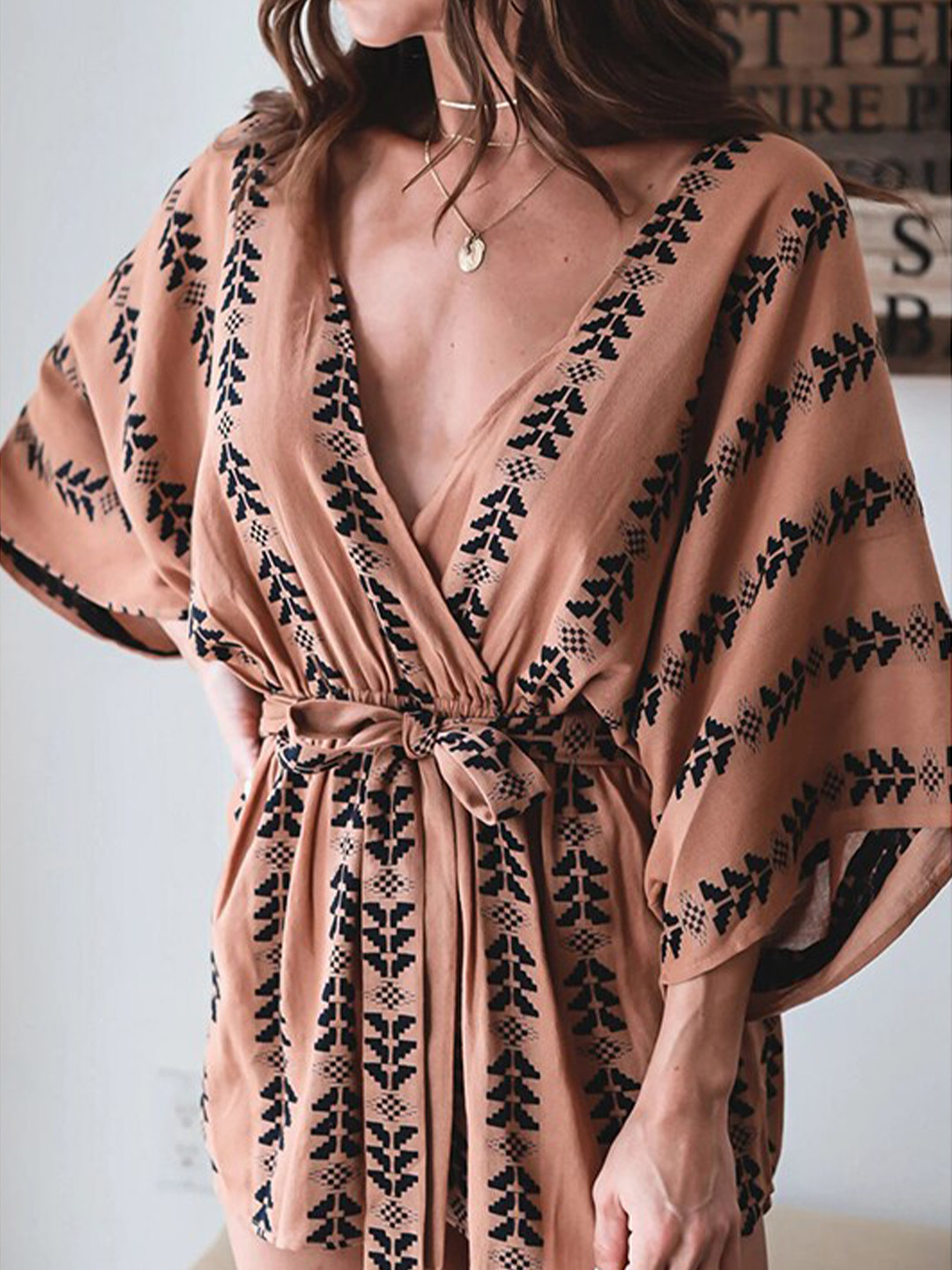 StyleCast Rust & Black Printed V-Neck Waist Tie-Ups Playsuit