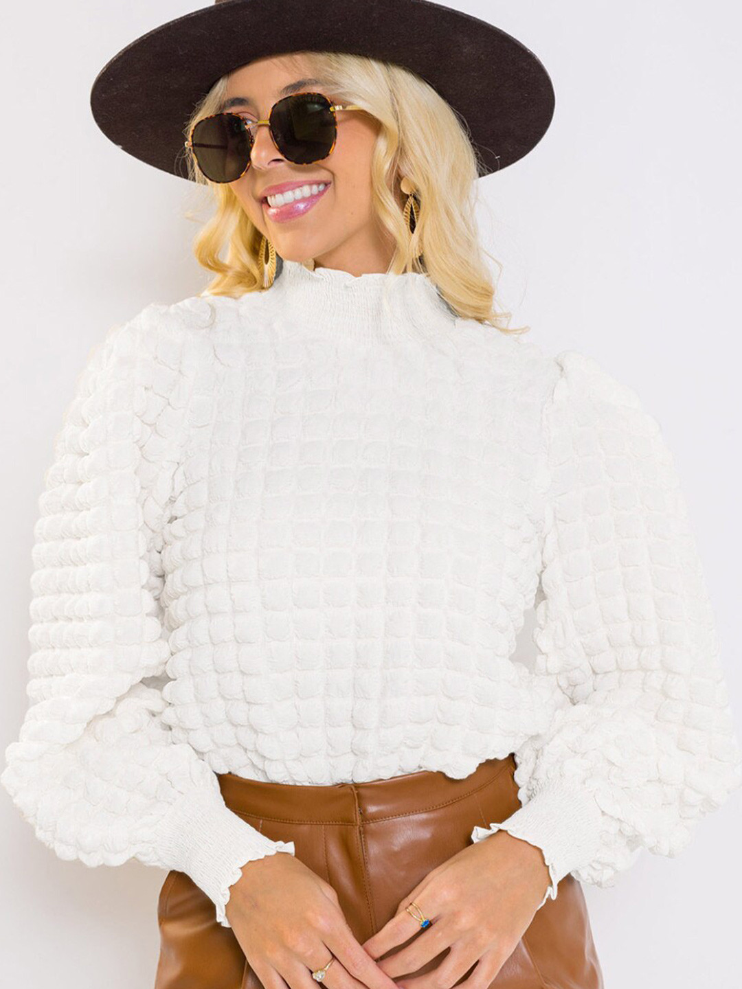 StyleCast White High Neck Self Designed Casual Top