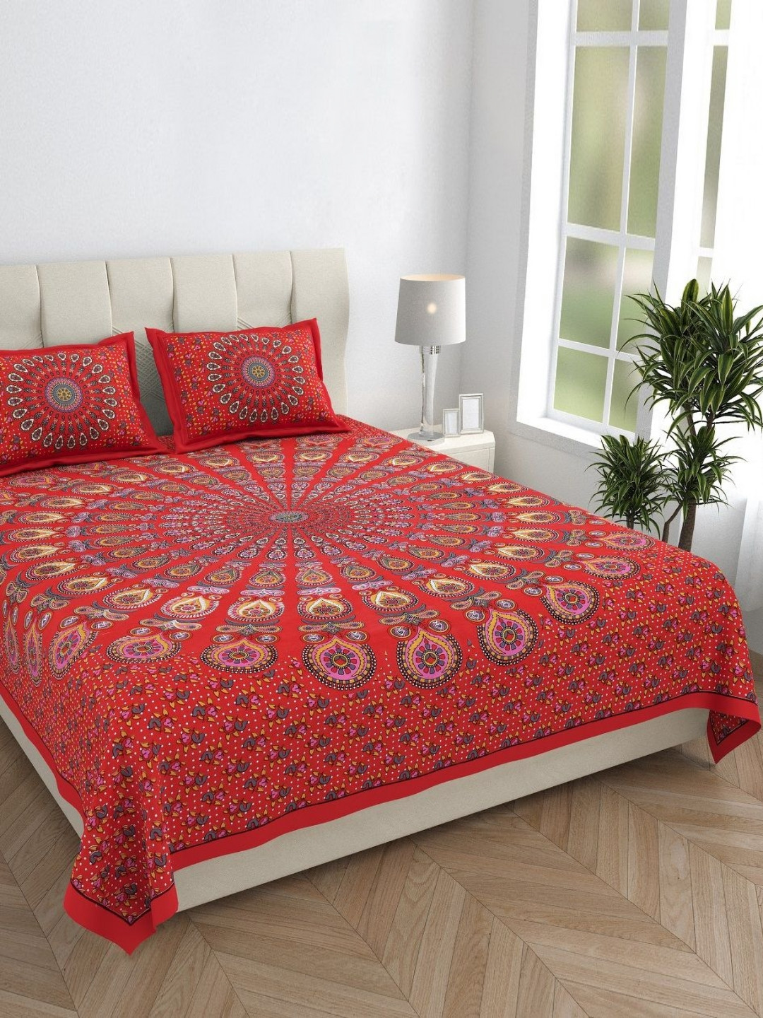 Monik Handicrafts The Traditional Touch Red Ethnic Motifs Cotton 144 TC King Bedsheet with 2 Pillow Covers-228 x 262 cm