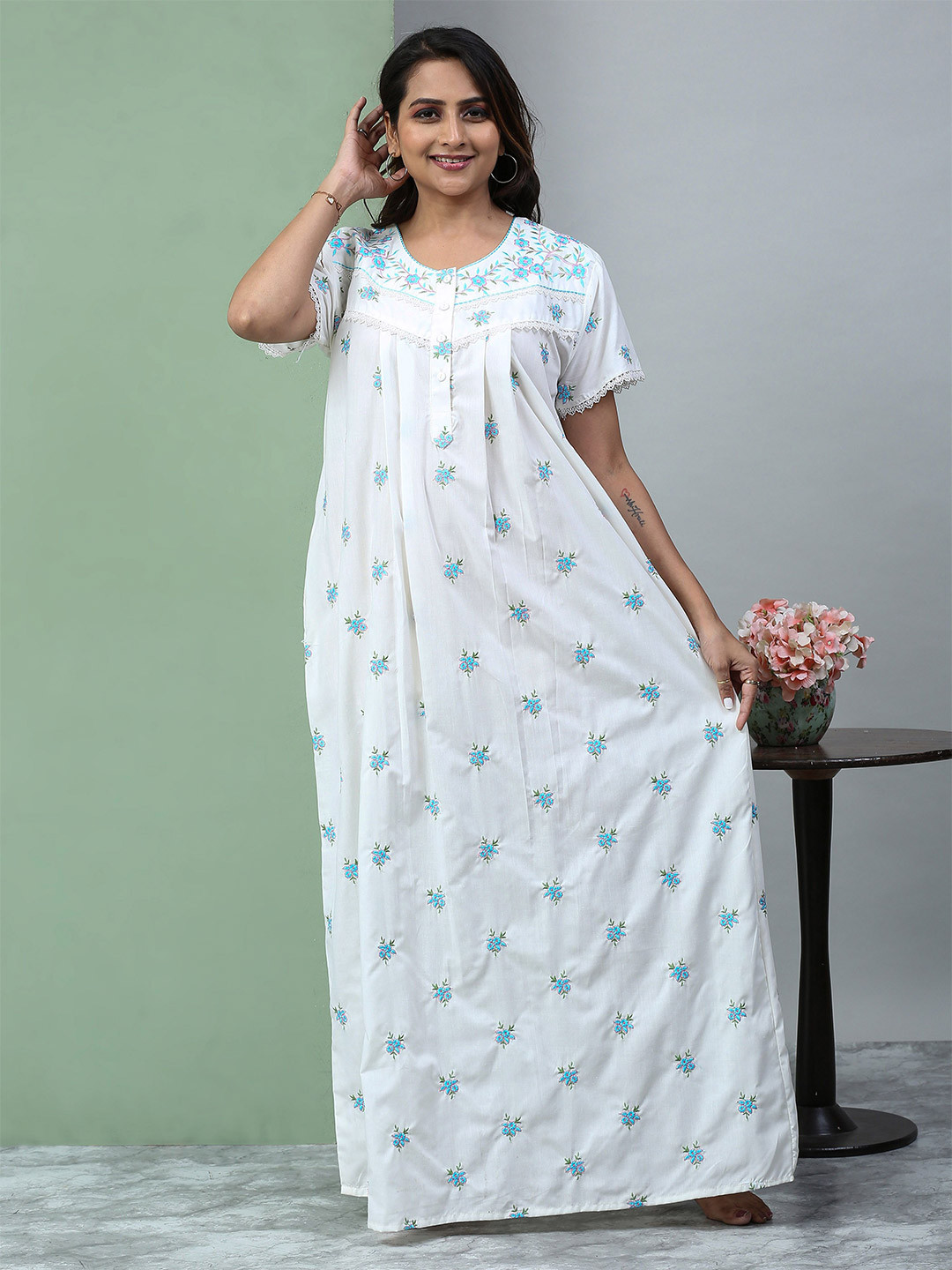 9shines Label Pure Cotton Lucknowi Chikankari Nightdress with Pocket