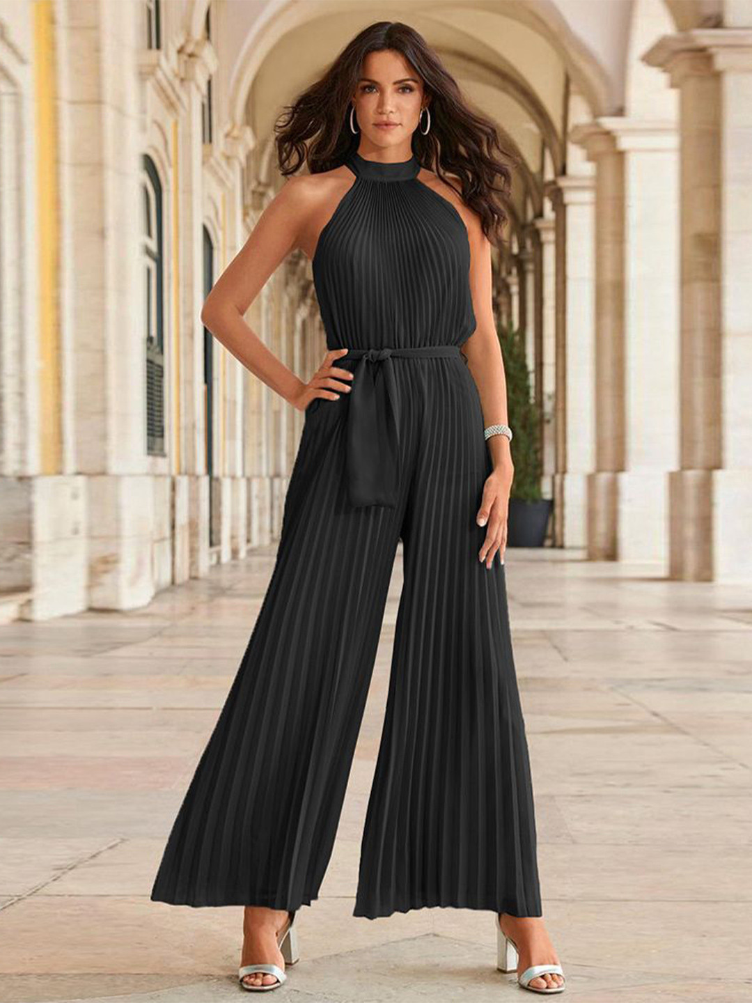 bebe Black Accordion Pleat Halter Neck Open Back Wide Leg Jumpsuit with Tie-Waist