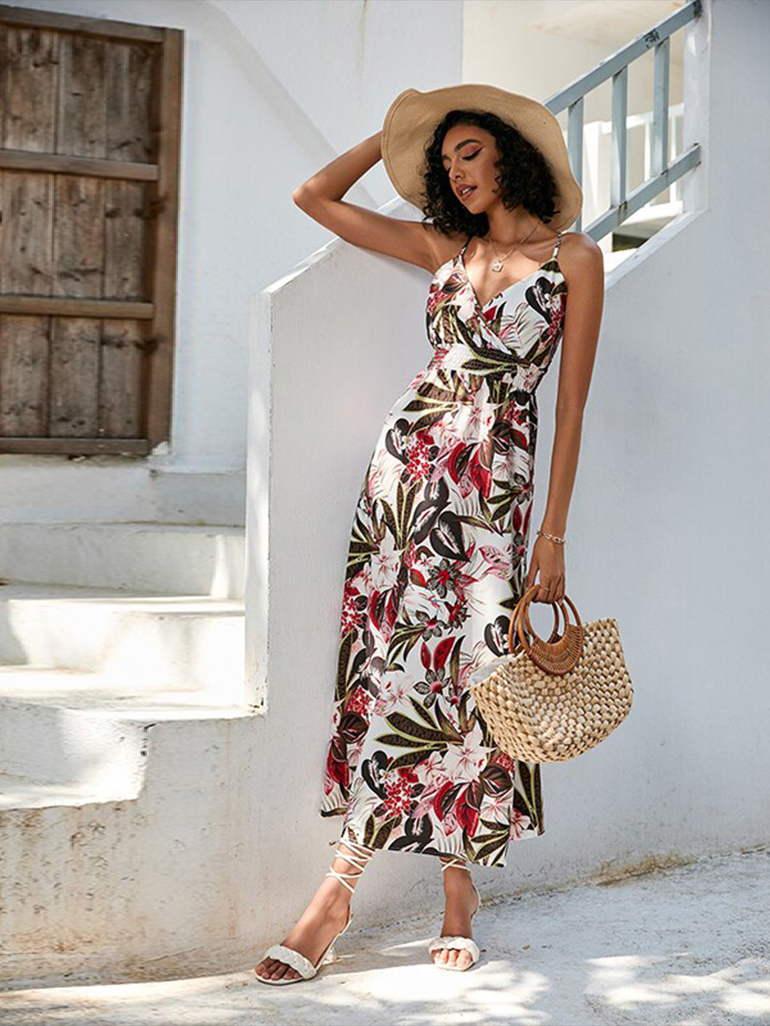 StyleCast x Revolte White Floral Printed Shoulder Straps Smocked Maxi Dress